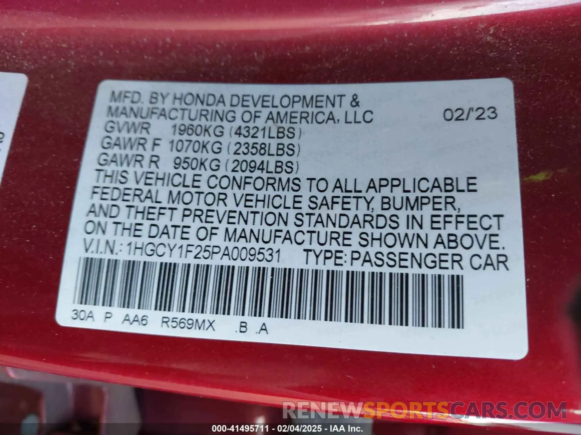 9 fotografías del automóvil dañado 1HGCY1F25PA009531 HONDA ACCORD 2023