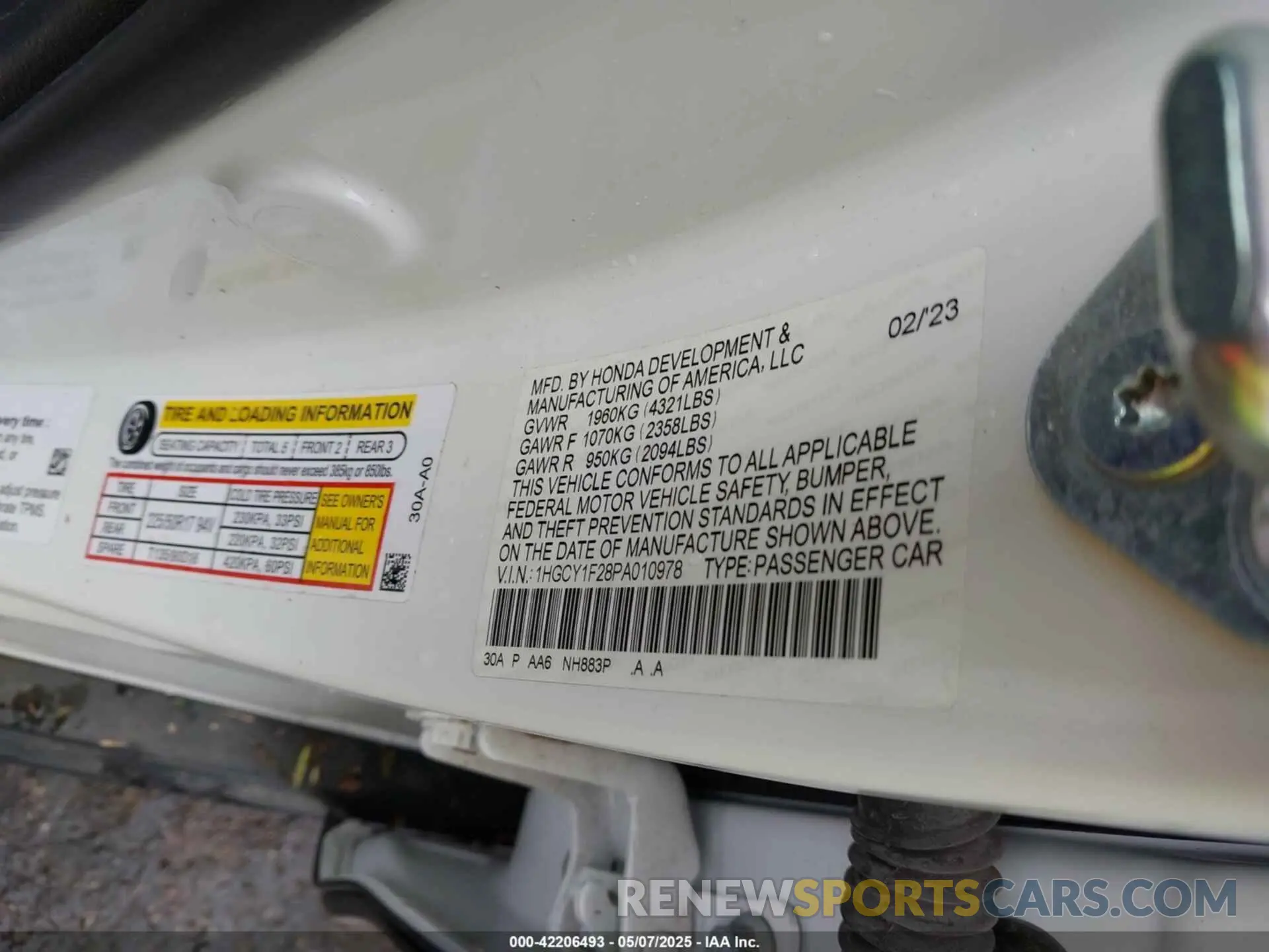 9 fotografías del automóvil dañado 1HGCY1F28PA010978 HONDA ACCORD 2023