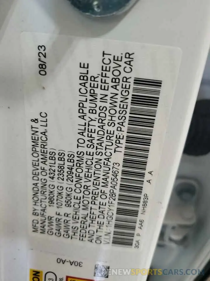 12 fotografías del automóvil dañado 1HGCY1F28PA054673 HONDA ACCORD 2023