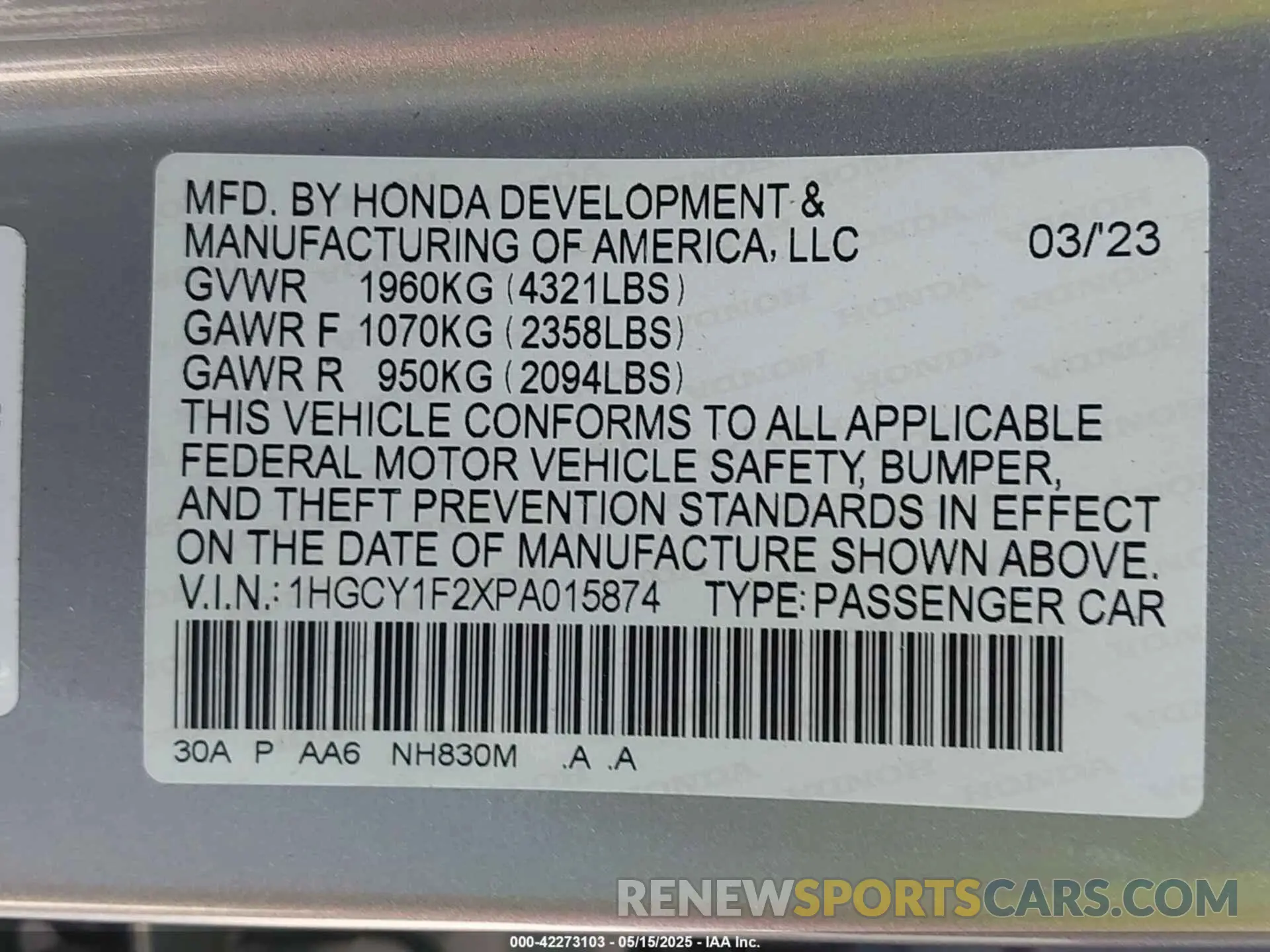 9 fotografías del automóvil dañado 1HGCY1F2XPA015874 HONDA ACCORD 2023