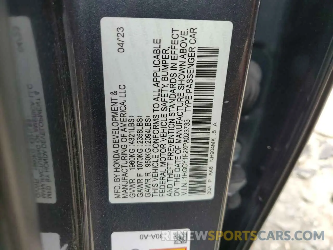 12 fotografías del automóvil dañado 1HGCY1F2XPA023733 HONDA ACCORD 2023