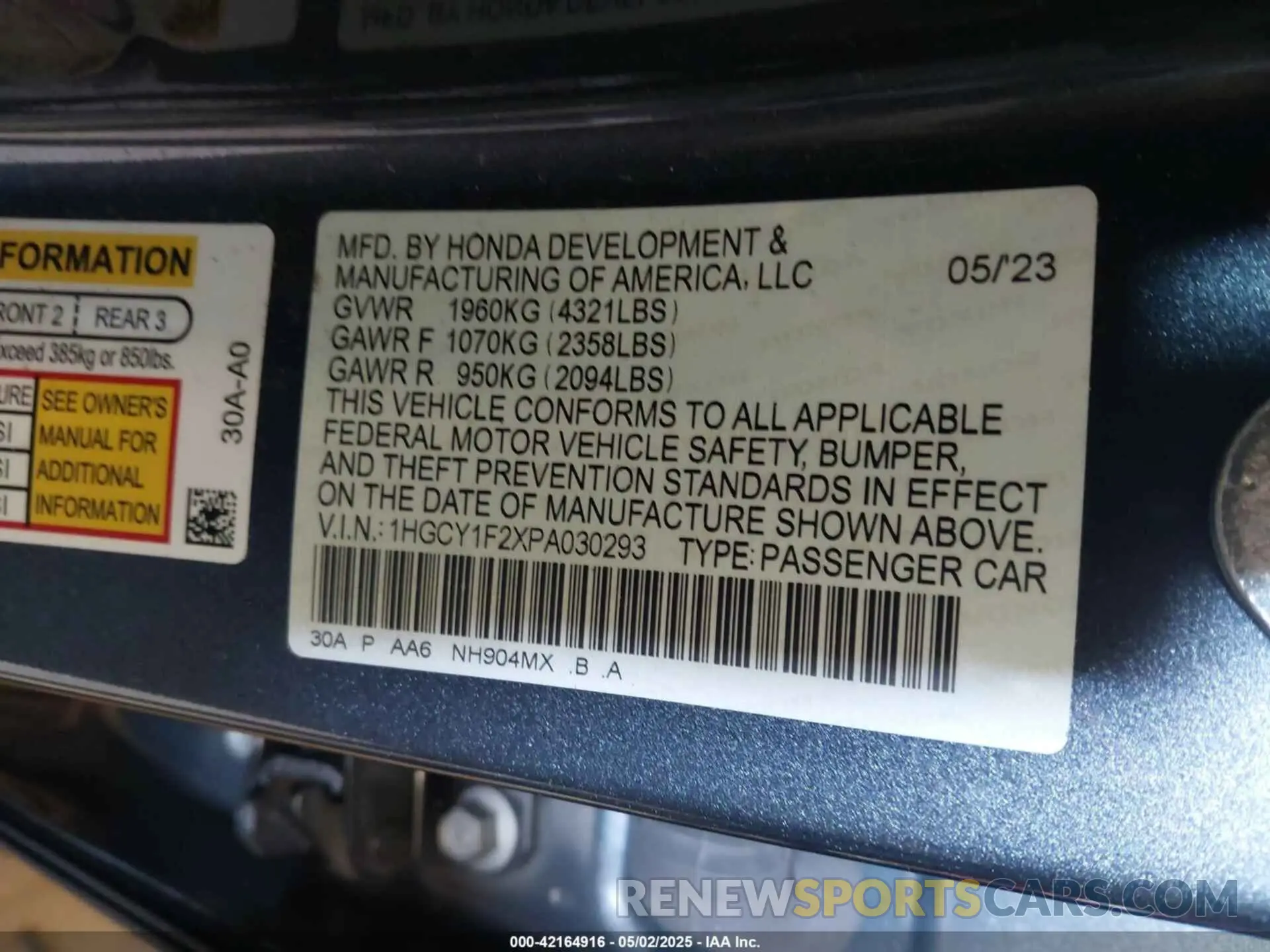 9 fotografías del automóvil dañado 1HGCY1F2XPA030293 HONDA ACCORD 2023