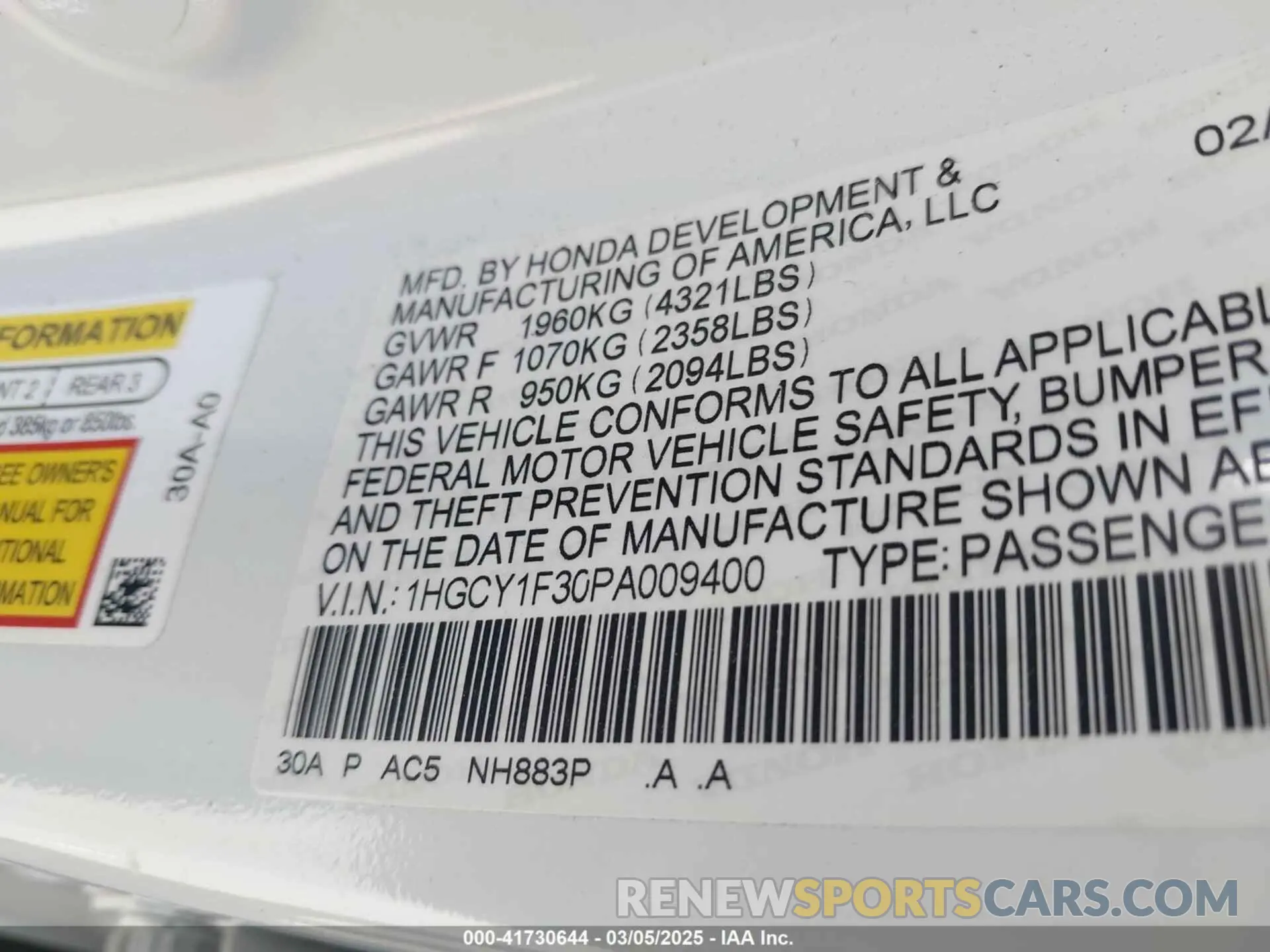 9 fotografías del automóvil dañado 1HGCY1F30PA009400 HONDA ACCORD 2023