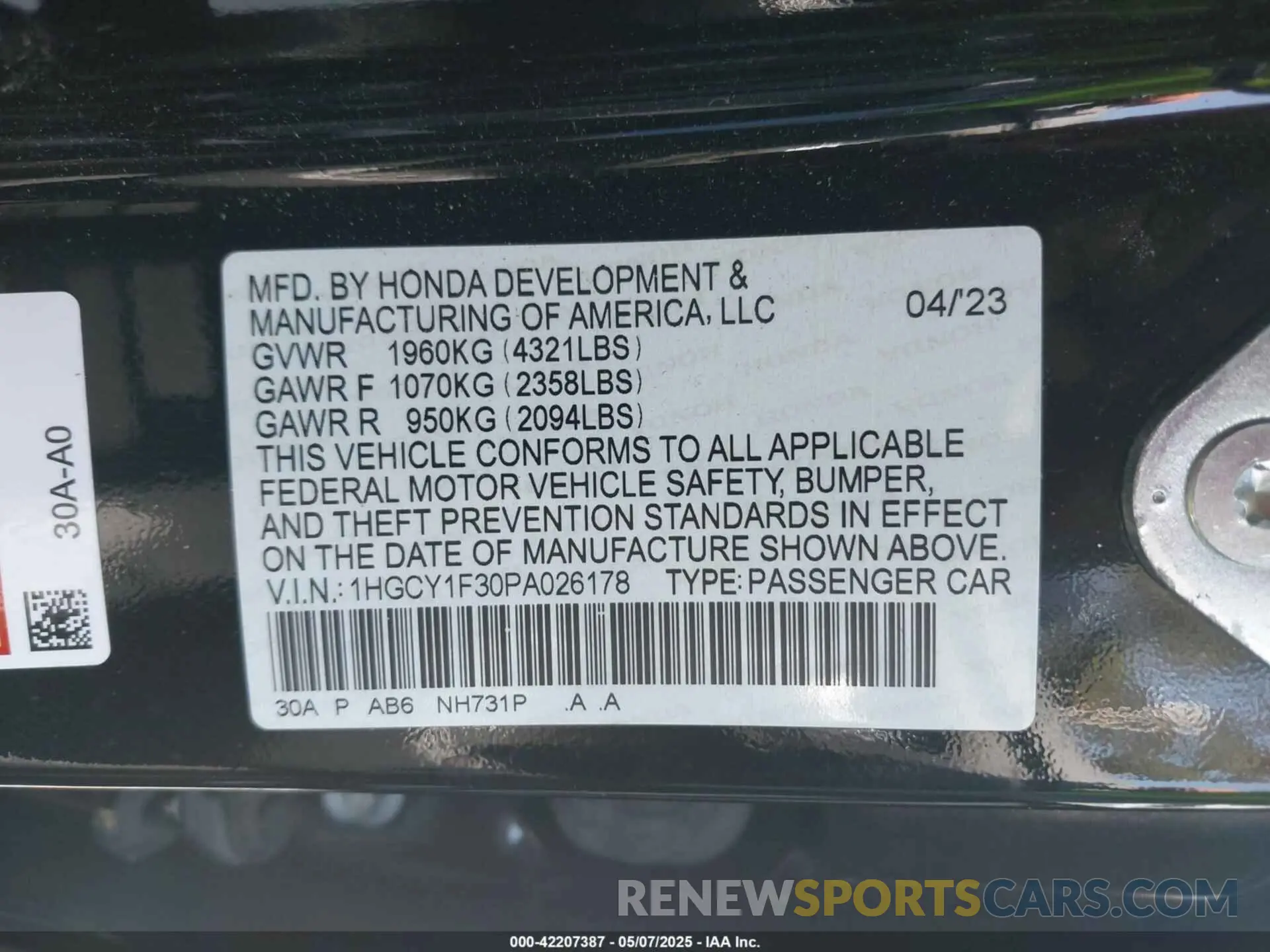 9 fotografías del automóvil dañado 1HGCY1F30PA026178 HONDA ACCORD 2023