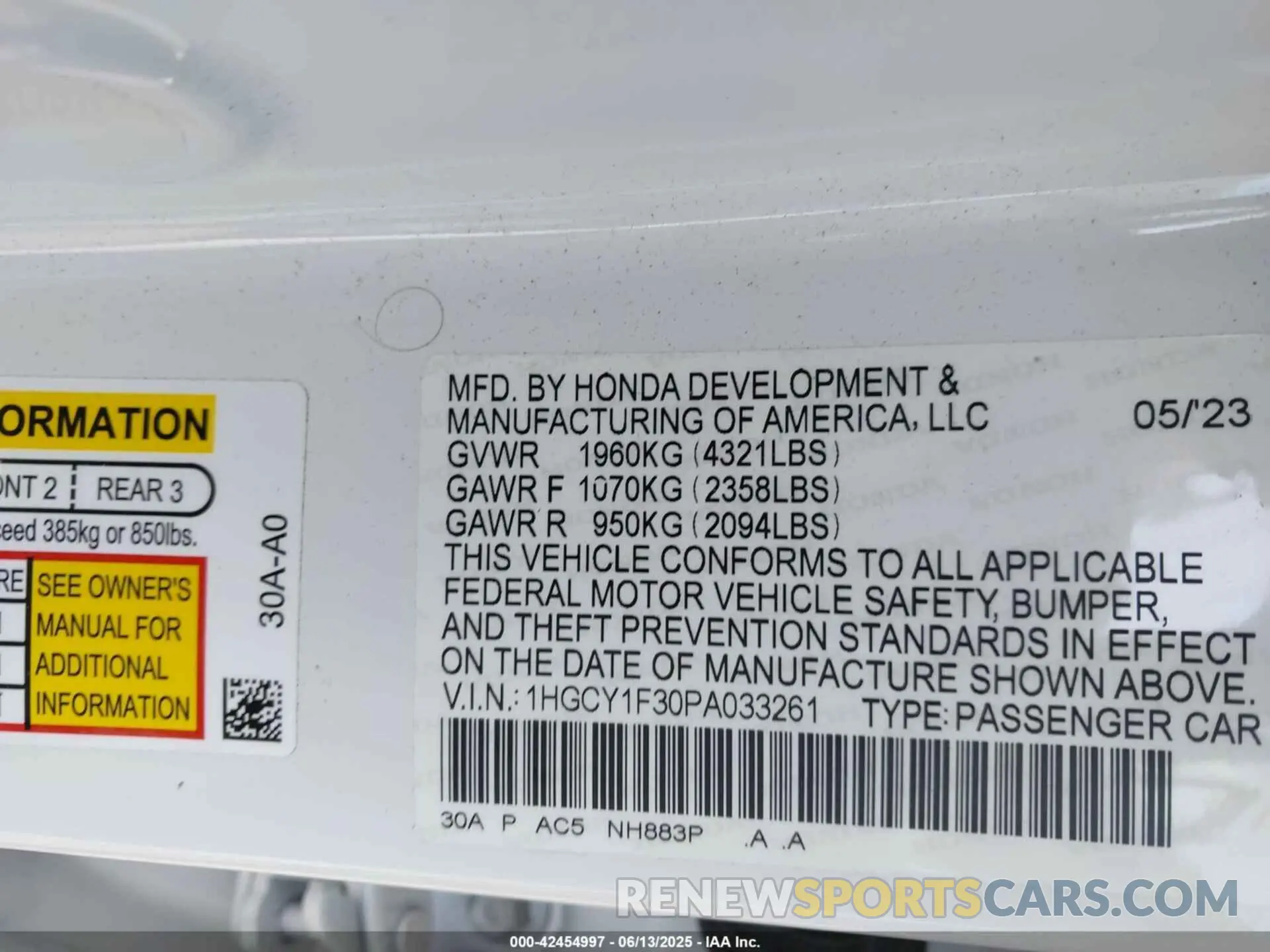 9 fotografías del automóvil dañado 1HGCY1F30PA033261 HONDA ACCORD 2023