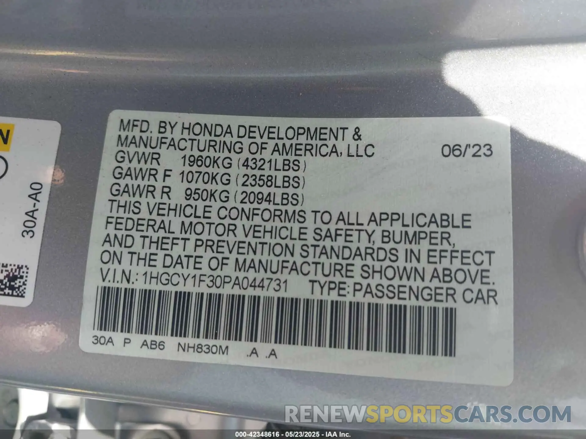 9 fotografías del automóvil dañado 1HGCY1F30PA044731 HONDA ACCORD 2023