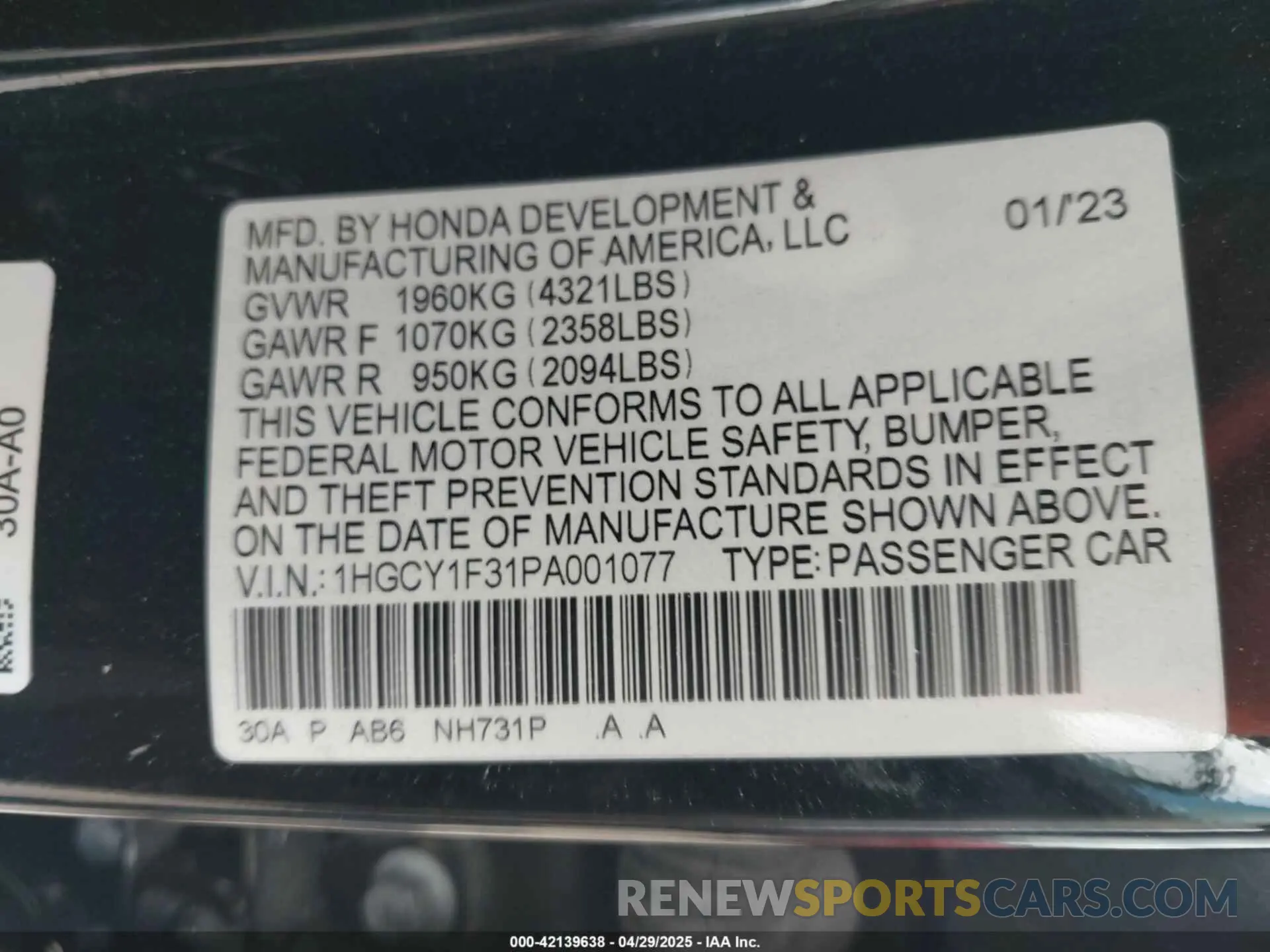 9 fotografías del automóvil dañado 1HGCY1F31PA001077 HONDA ACCORD 2023