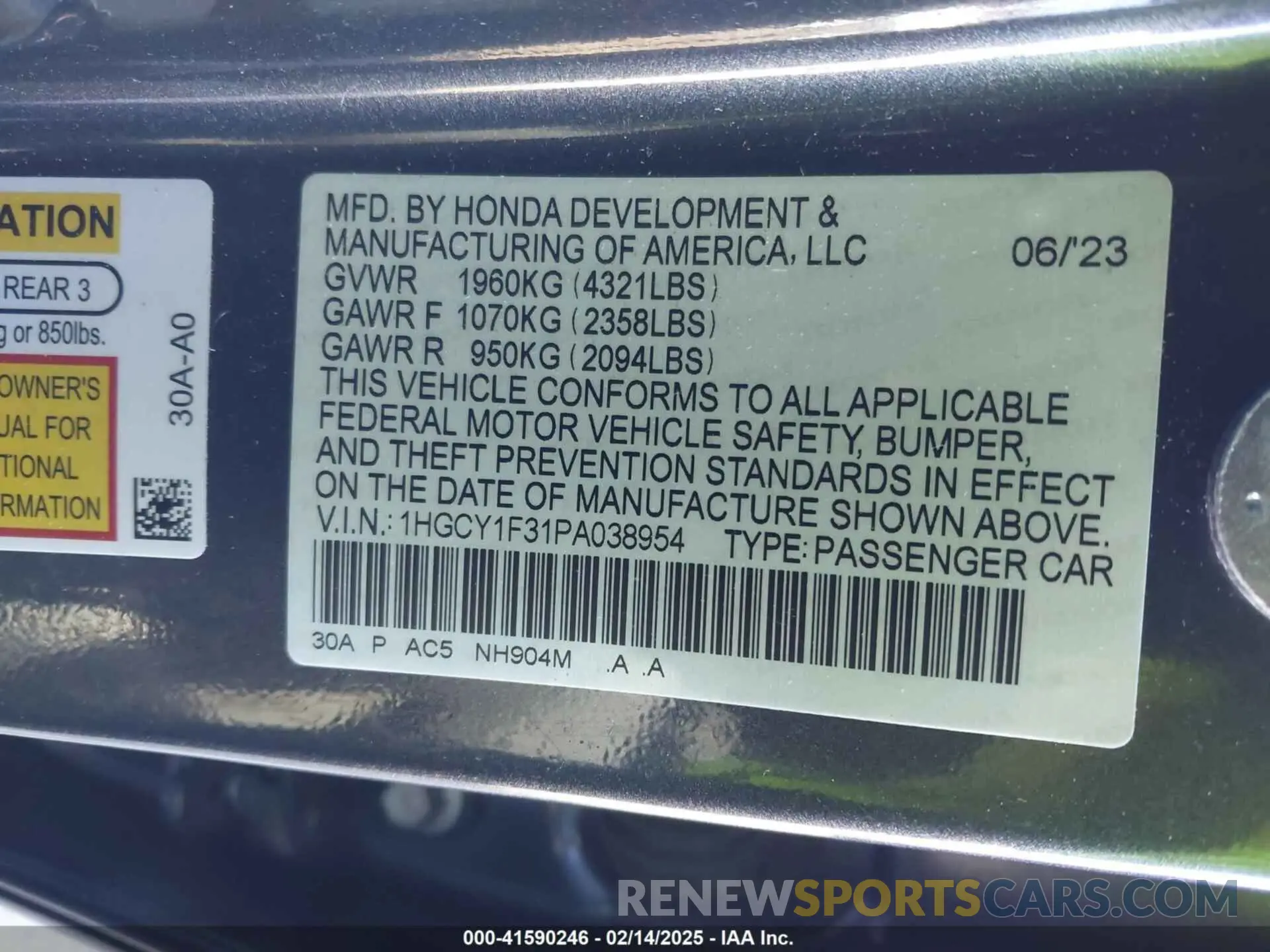 9 fotografías del automóvil dañado 1HGCY1F31PA038954 HONDA ACCORD 2023