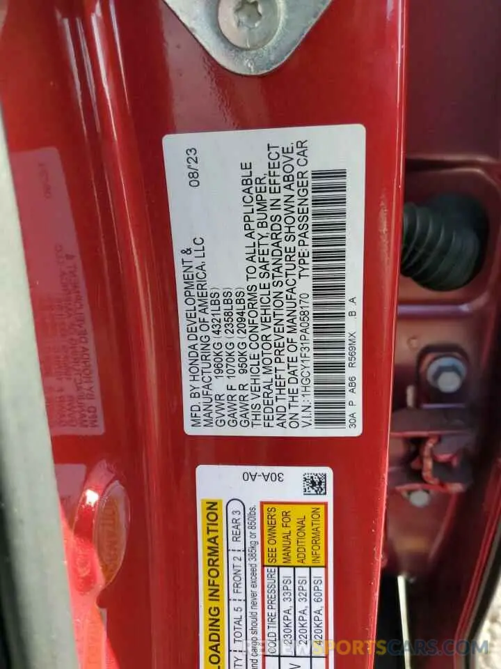 13 fotografías del automóvil dañado 1HGCY1F31PA058170 HONDA ACCORD 2023