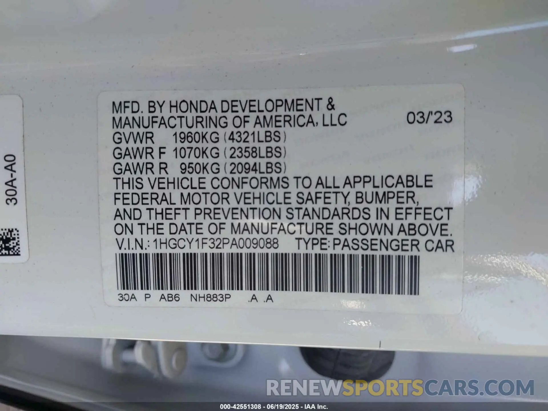 9 fotografías del automóvil dañado 1HGCY1F32PA009088 HONDA ACCORD 2023