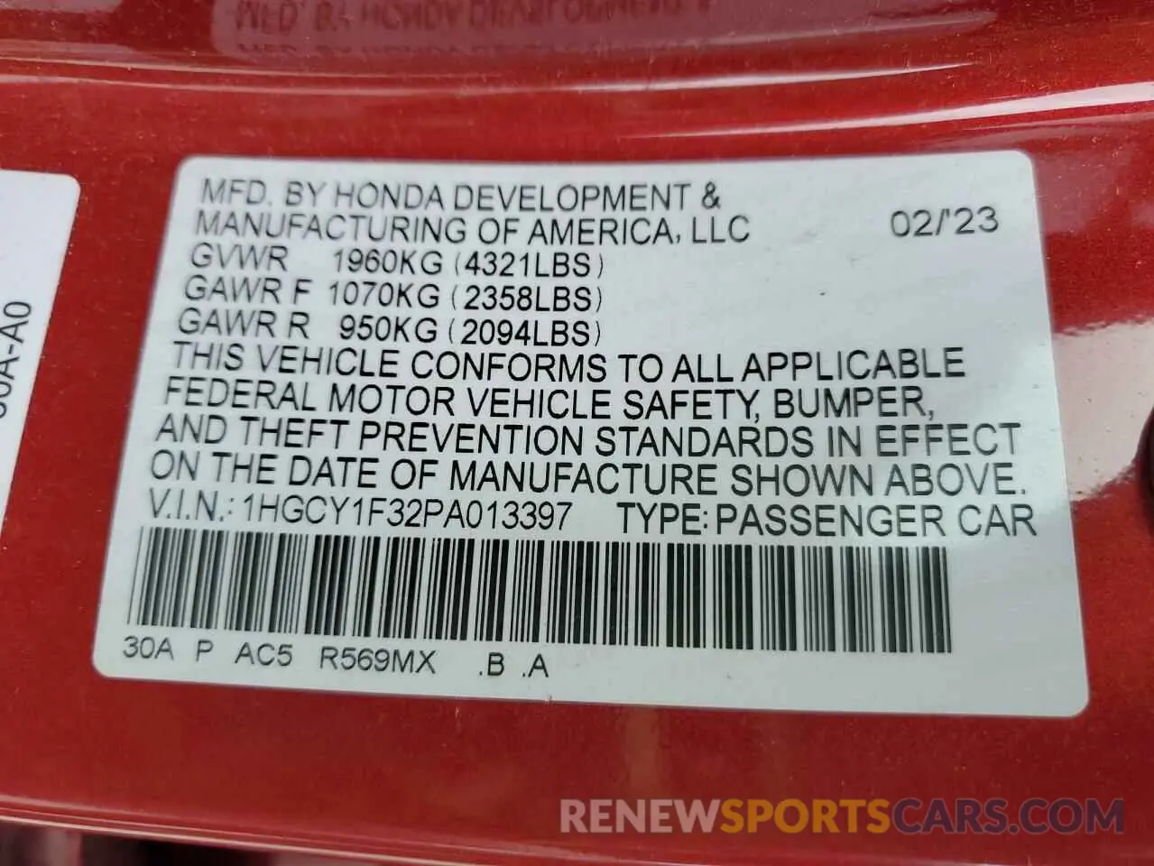 12 fotografías del automóvil dañado 1HGCY1F32PA013397 HONDA ACCORD 2023