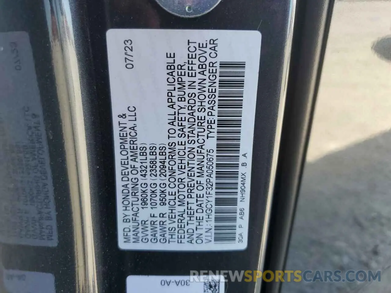 12 fotografías del automóvil dañado 1HGCY1F32PA050675 HONDA ACCORD 2023
