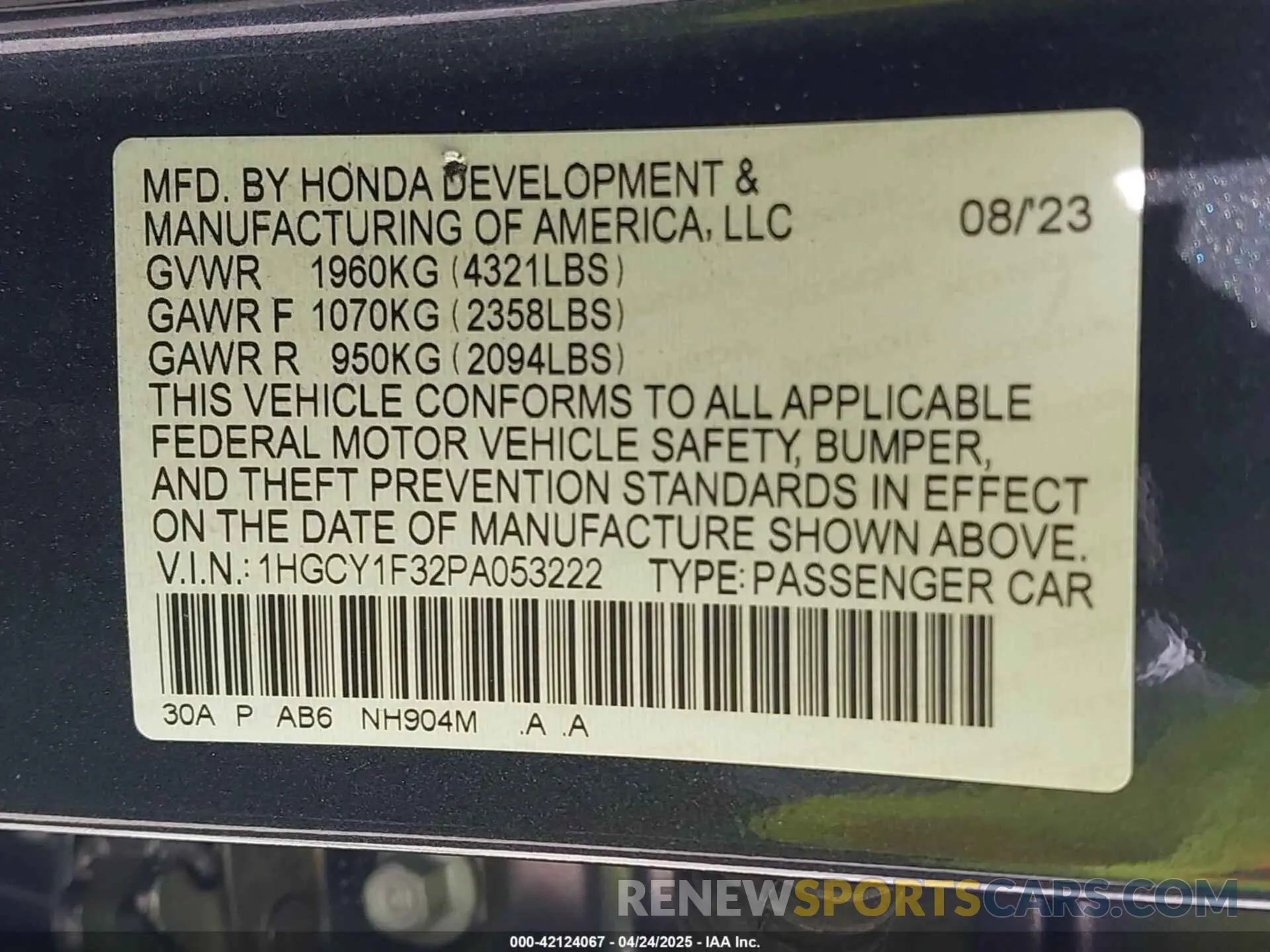 9 fotografías del automóvil dañado 1HGCY1F32PA053222 HONDA ACCORD 2023