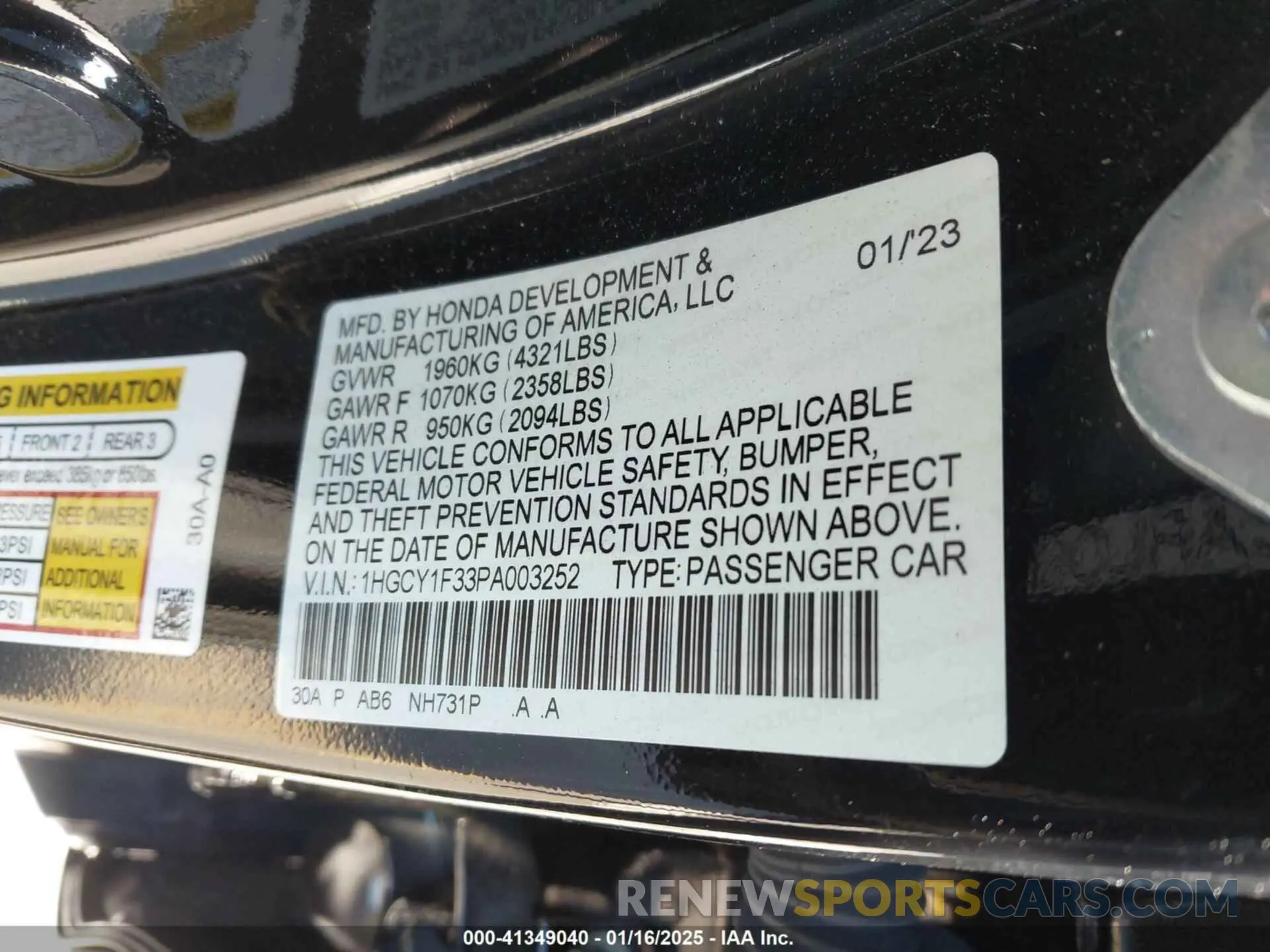 9 fotografías del automóvil dañado 1HGCY1F33PA003252 HONDA ACCORD 2023