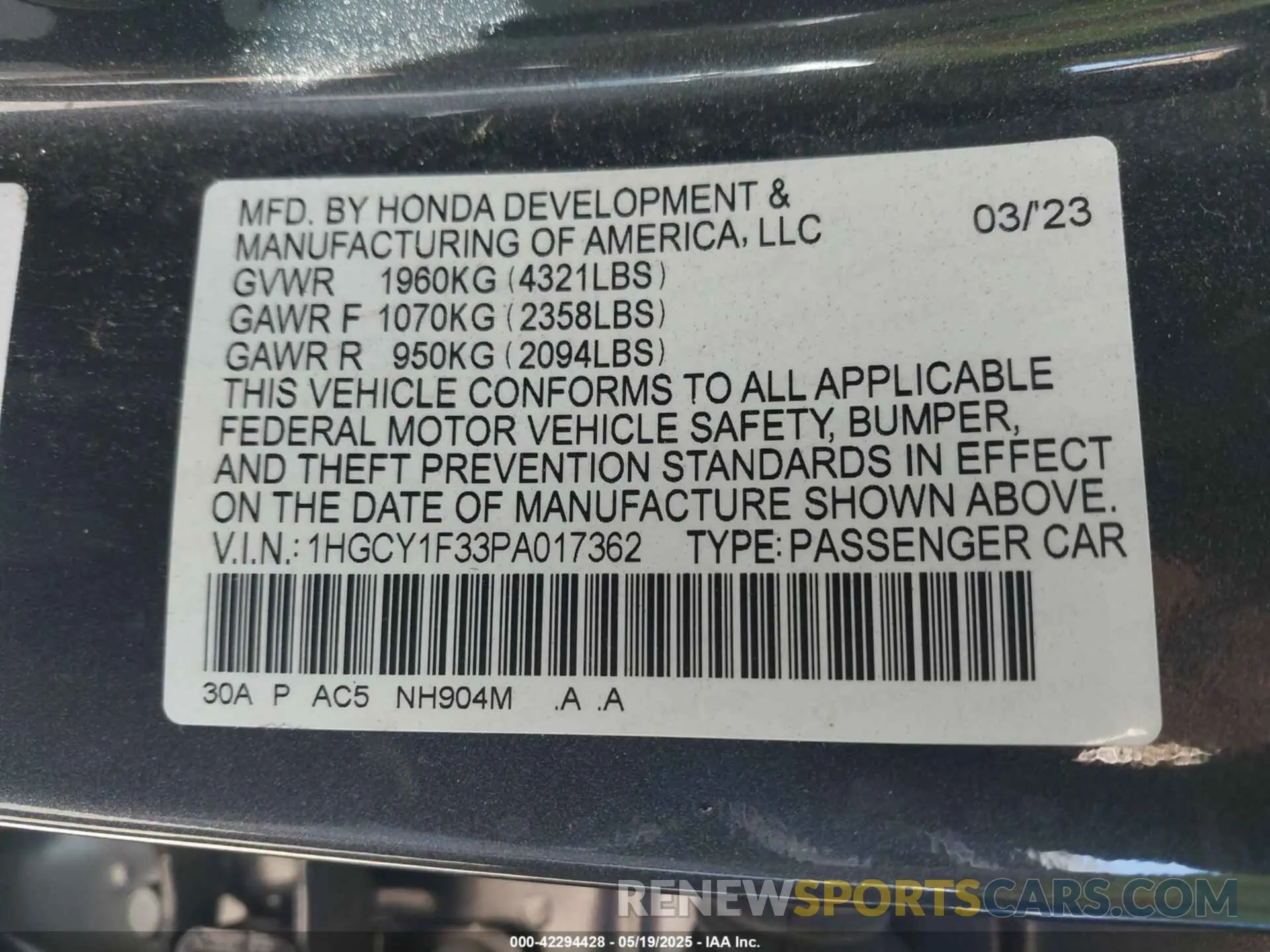 9 fotografías del automóvil dañado 1HGCY1F33PA017362 HONDA ACCORD 2023