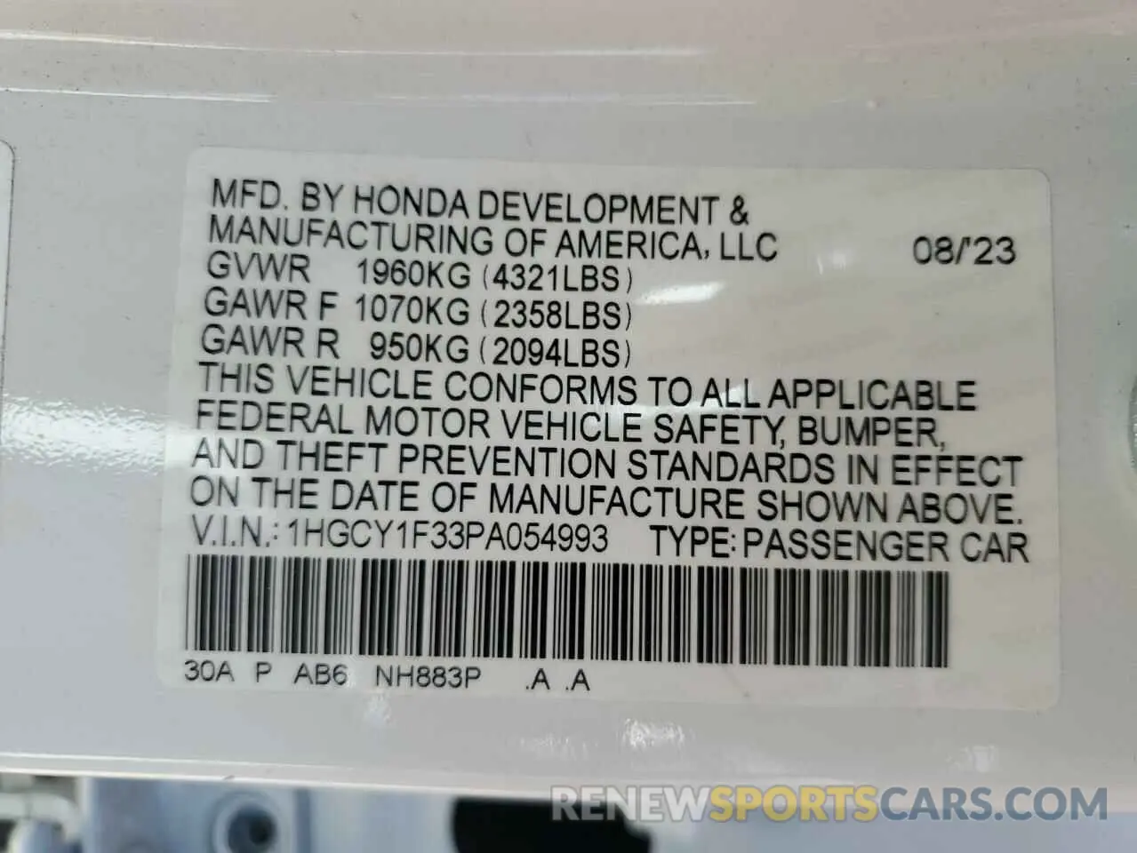 13 fotografías del automóvil dañado 1HGCY1F33PA054993 HONDA ACCORD 2023