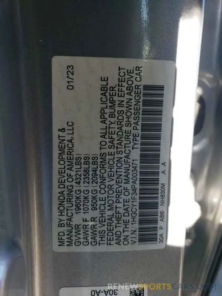 13 fotografías del automóvil dañado 1HGCY1F34PA003471 HONDA ACCORD 2023