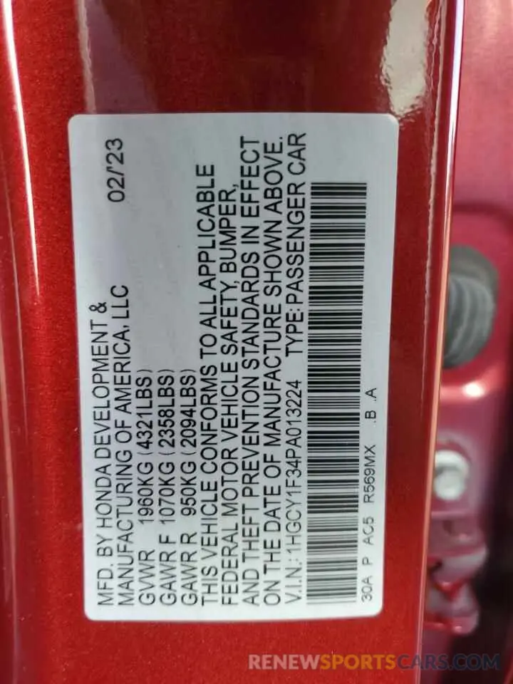 14 fotografías del automóvil dañado 1HGCY1F34PA013224 HONDA ACCORD 2023