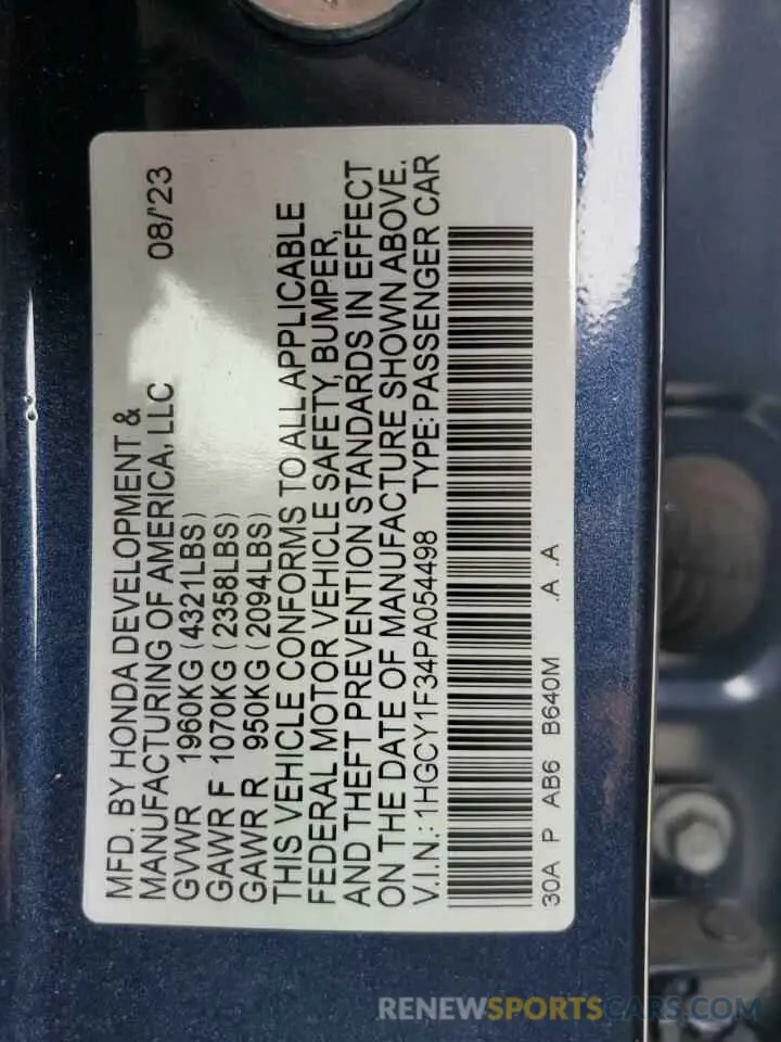 12 fotografías del automóvil dañado 1HGCY1F34PA054498 HONDA ACCORD 2023