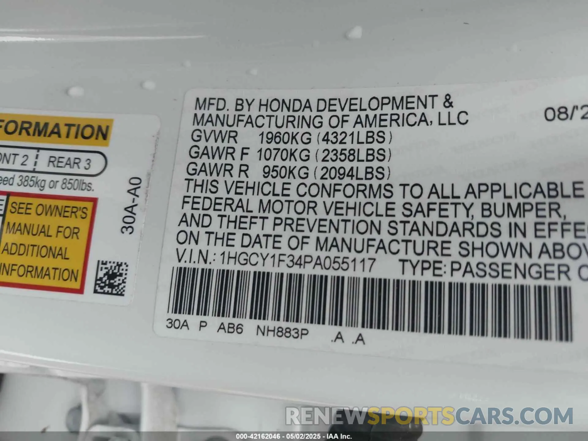 9 fotografías del automóvil dañado 1HGCY1F34PA055117 HONDA ACCORD 2023