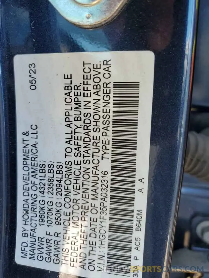 12 fotografías del automóvil dañado 1HGCY1F35PA032316 HONDA ACCORD 2023