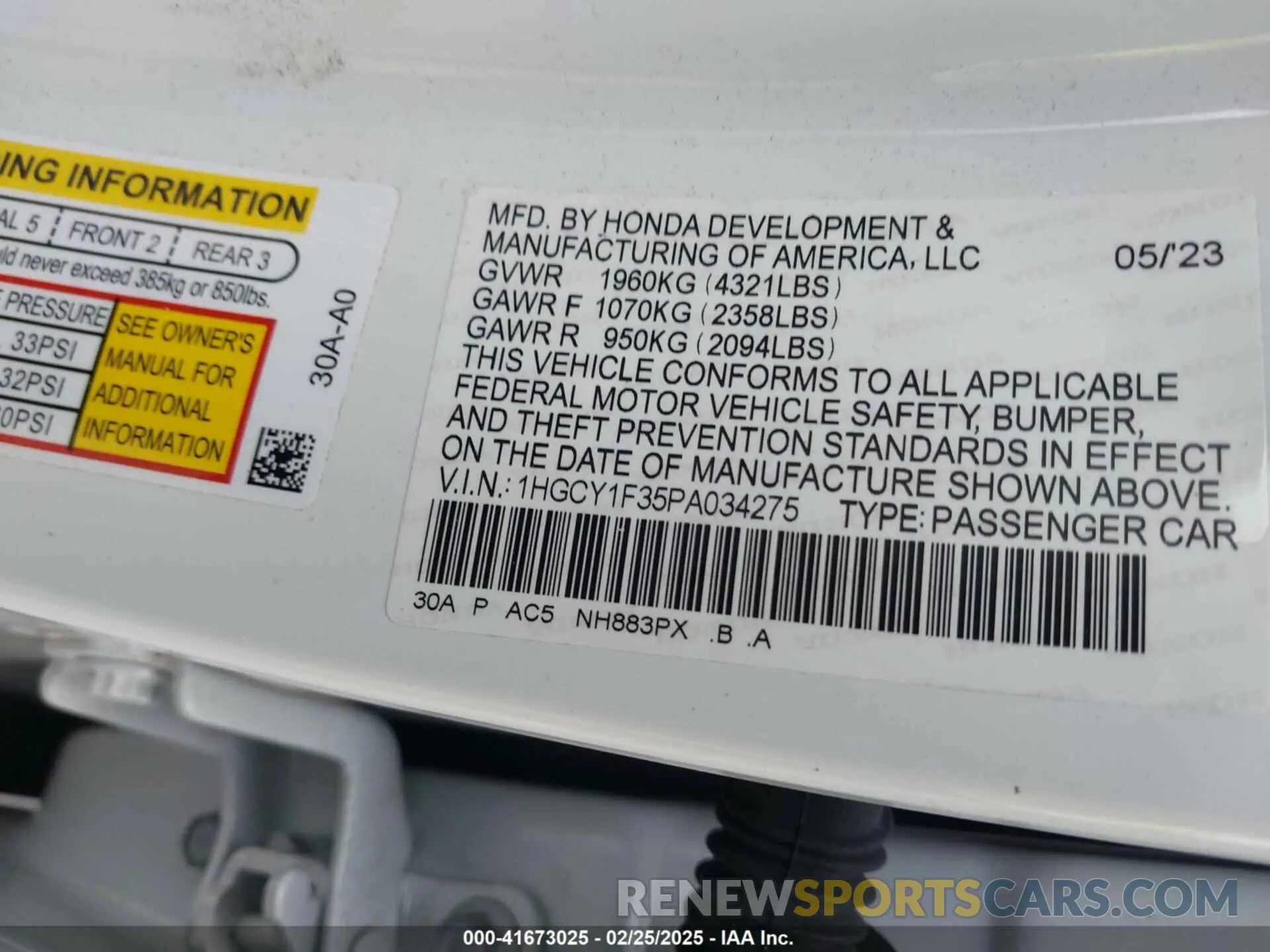 9 fotografías del automóvil dañado 1HGCY1F35PA034275 HONDA ACCORD 2023