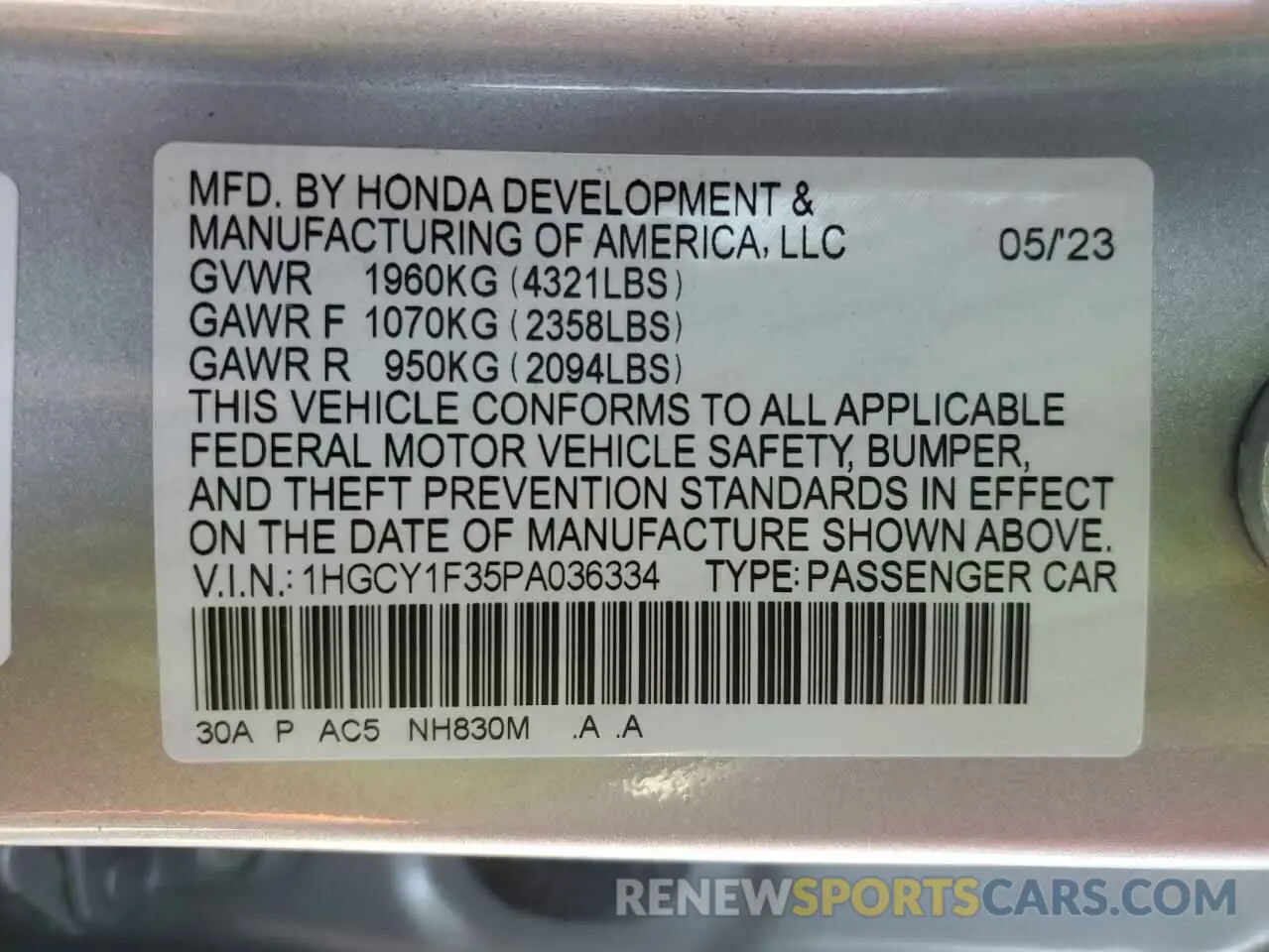 13 fotografías del automóvil dañado 1HGCY1F35PA036334 HONDA ACCORD 2023