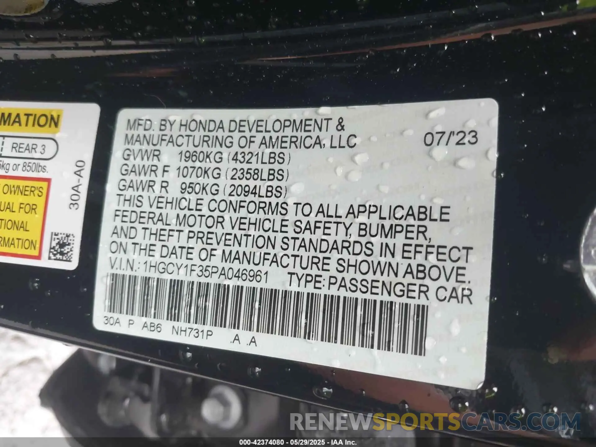 9 fotografías del automóvil dañado 1HGCY1F35PA046961 HONDA ACCORD 2023