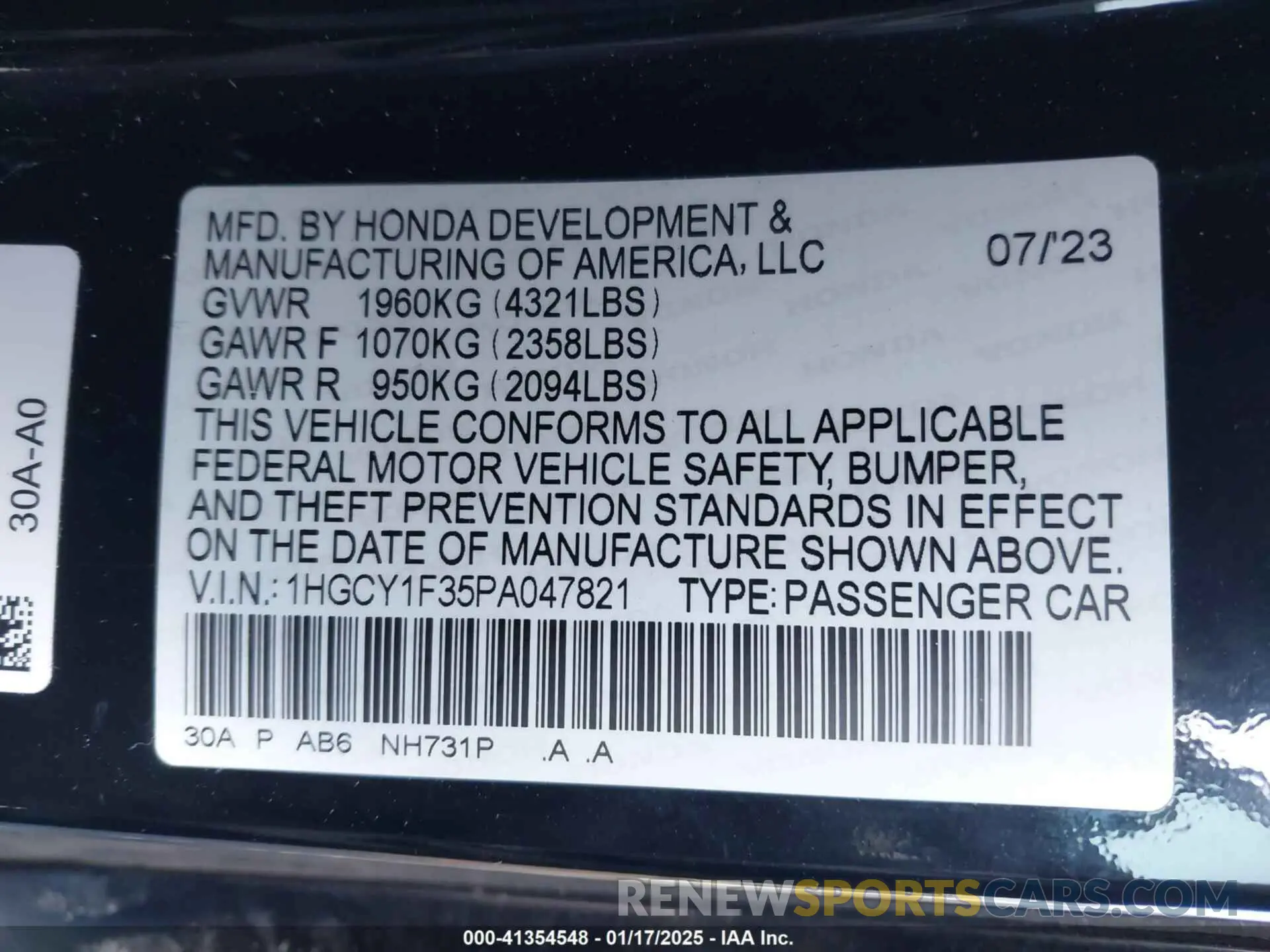 9 fotografías del automóvil dañado 1HGCY1F35PA047821 HONDA ACCORD 2023