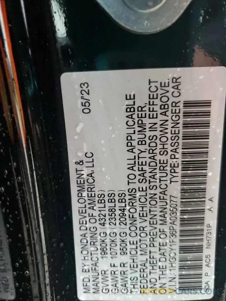 12 fotografías del automóvil dañado 1HGCY1F36PA035077 HONDA ACCORD 2023