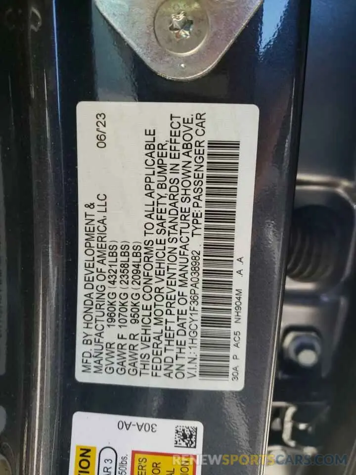 15 fotografías del automóvil dañado 1HGCY1F36PA038982 HONDA ACCORD 2023