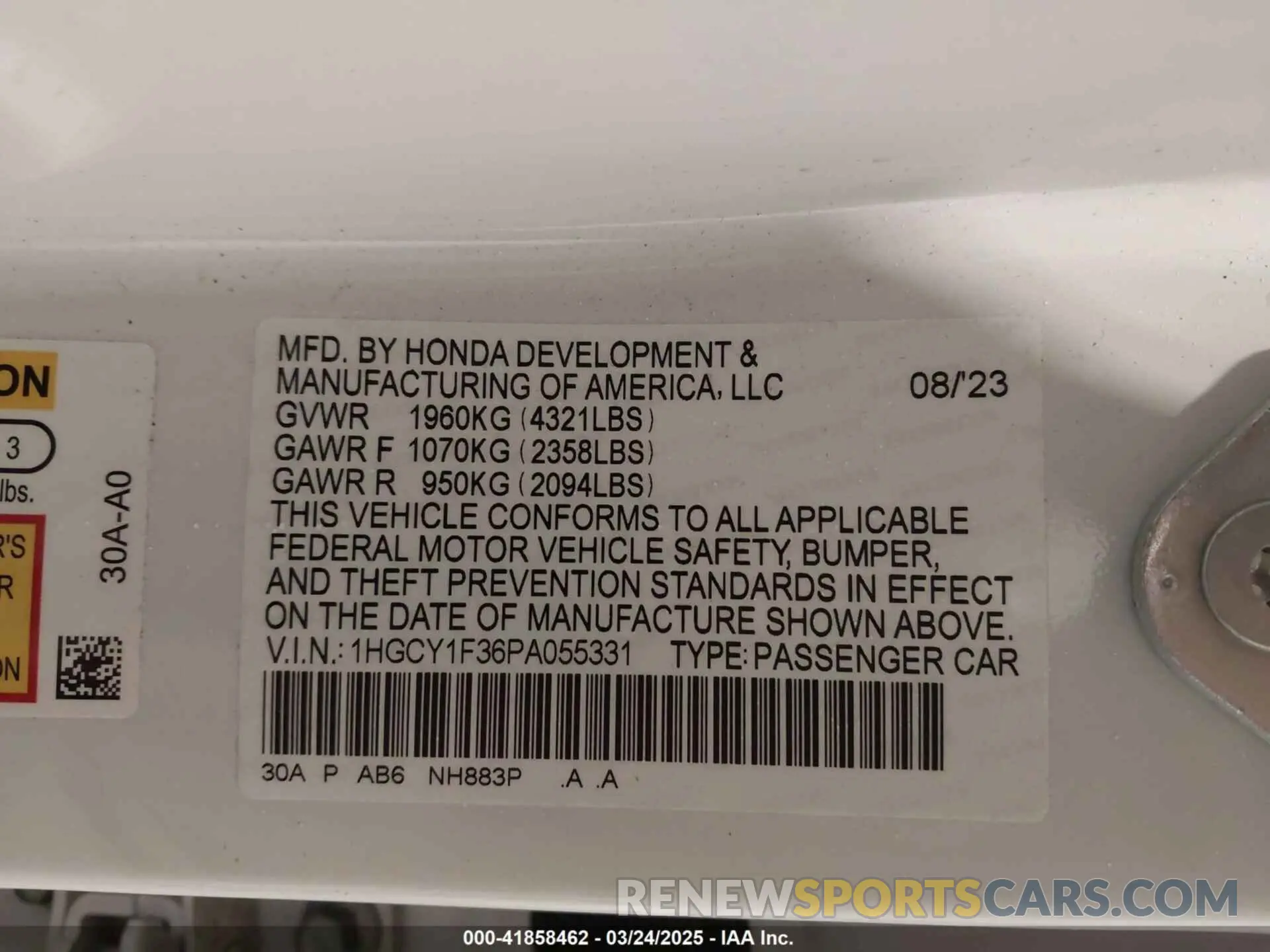 9 fotografías del automóvil dañado 1HGCY1F36PA055331 HONDA ACCORD 2023