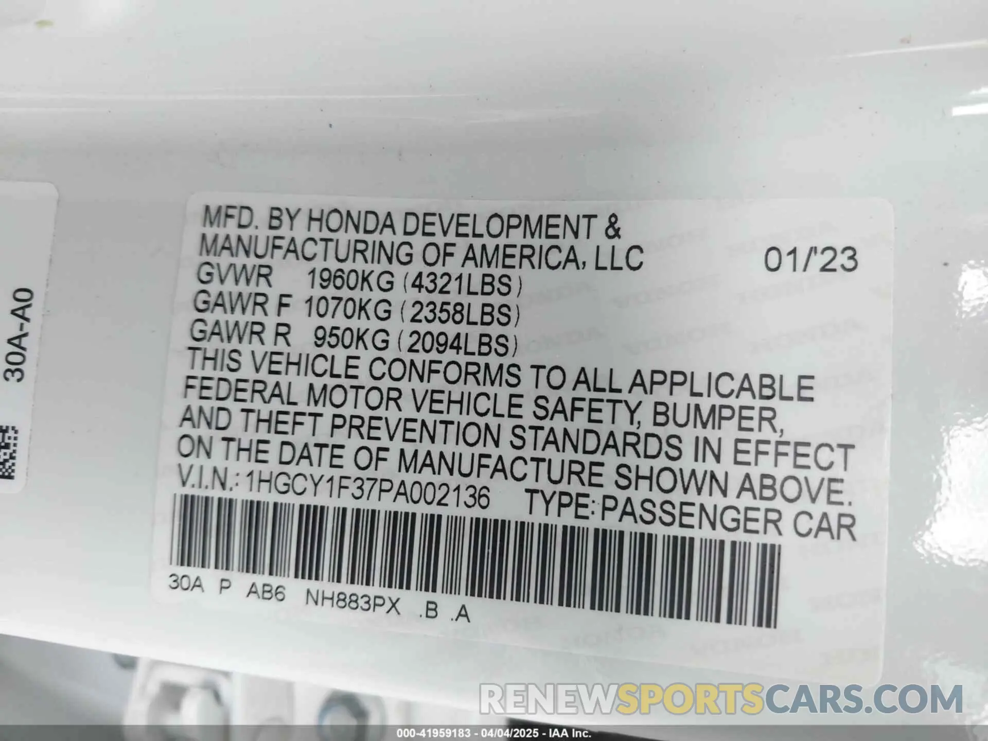9 fotografías del automóvil dañado 1HGCY1F37PA002136 HONDA ACCORD 2023