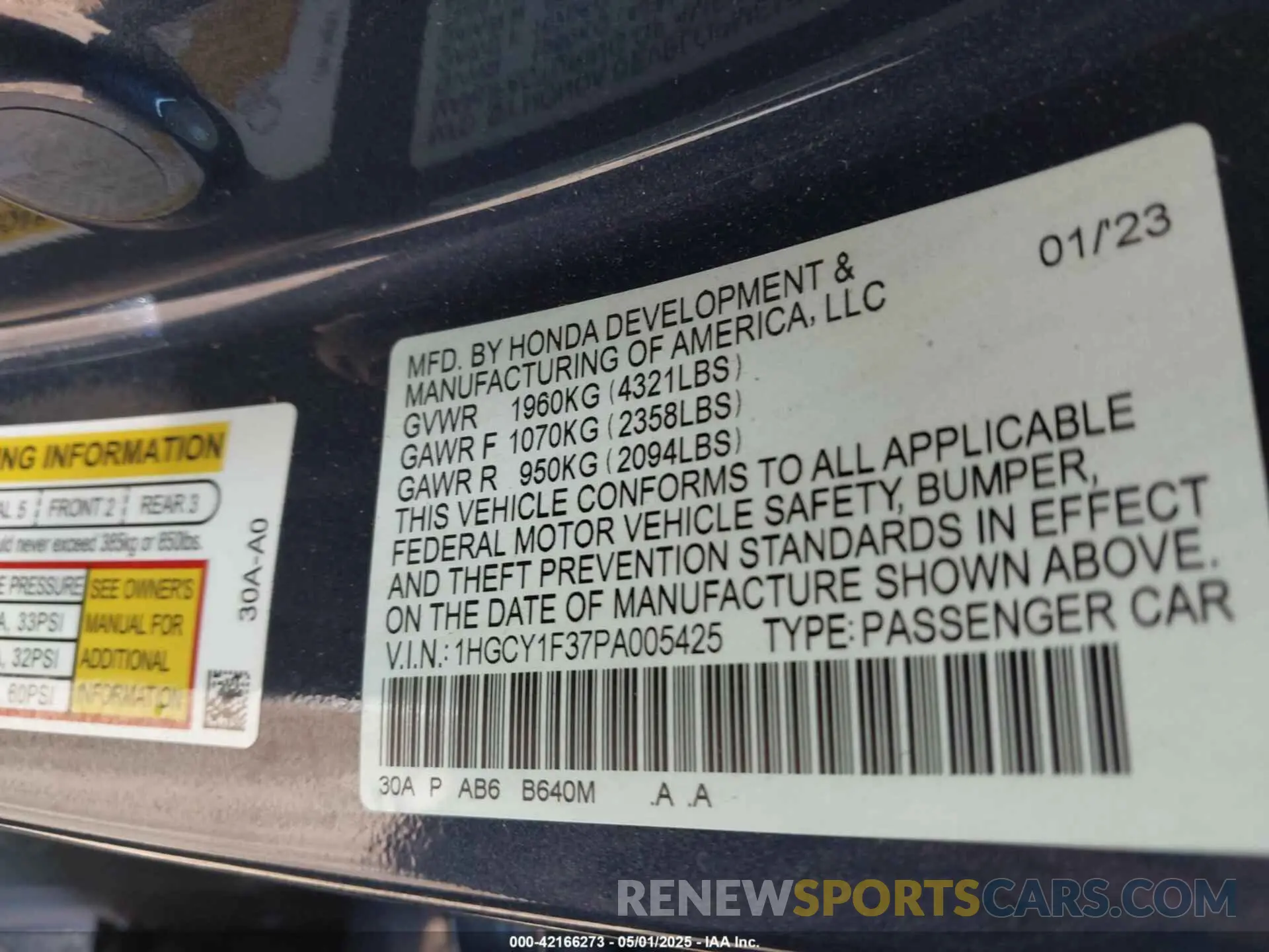 9 fotografías del automóvil dañado 1HGCY1F37PA005425 HONDA ACCORD 2023