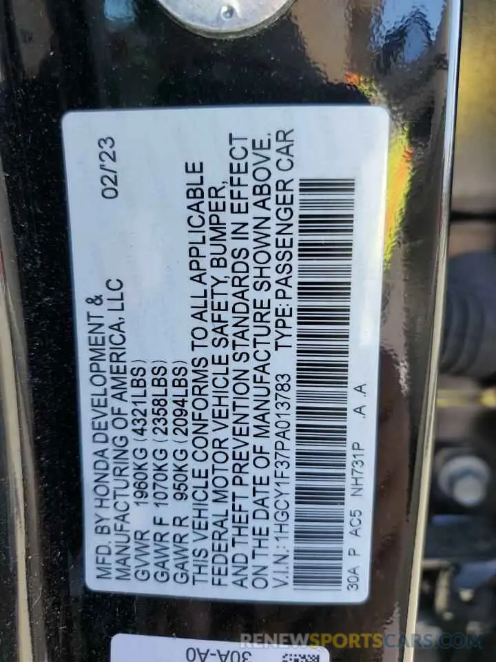 12 fotografías del automóvil dañado 1HGCY1F37PA013783 HONDA ACCORD 2023