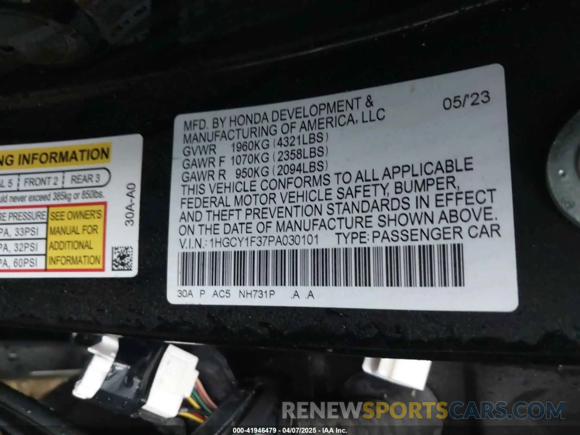 9 fotografías del automóvil dañado 1HGCY1F37PA030101 HONDA ACCORD 2023