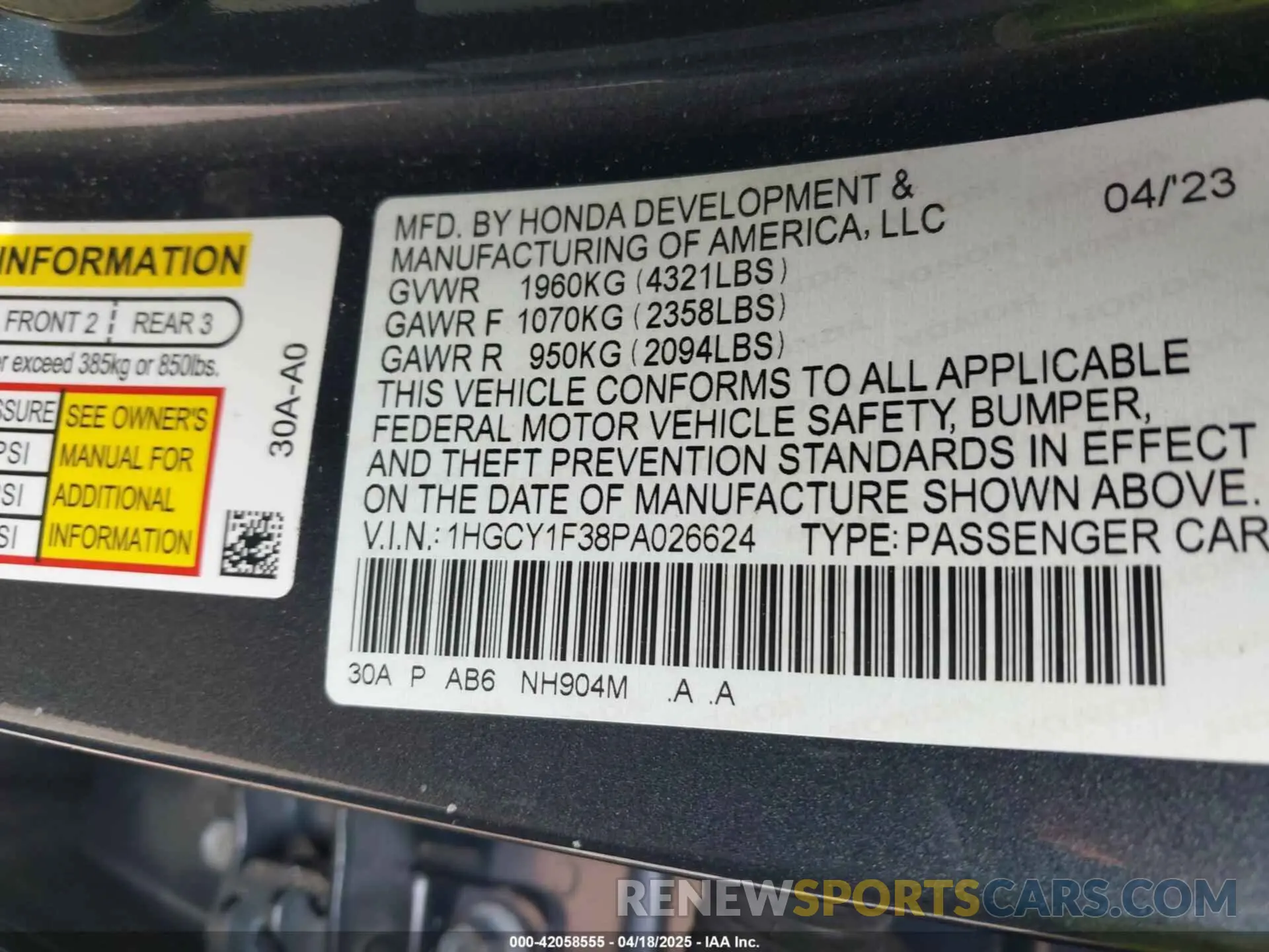 9 fotografías del automóvil dañado 1HGCY1F38PA026624 HONDA ACCORD 2023