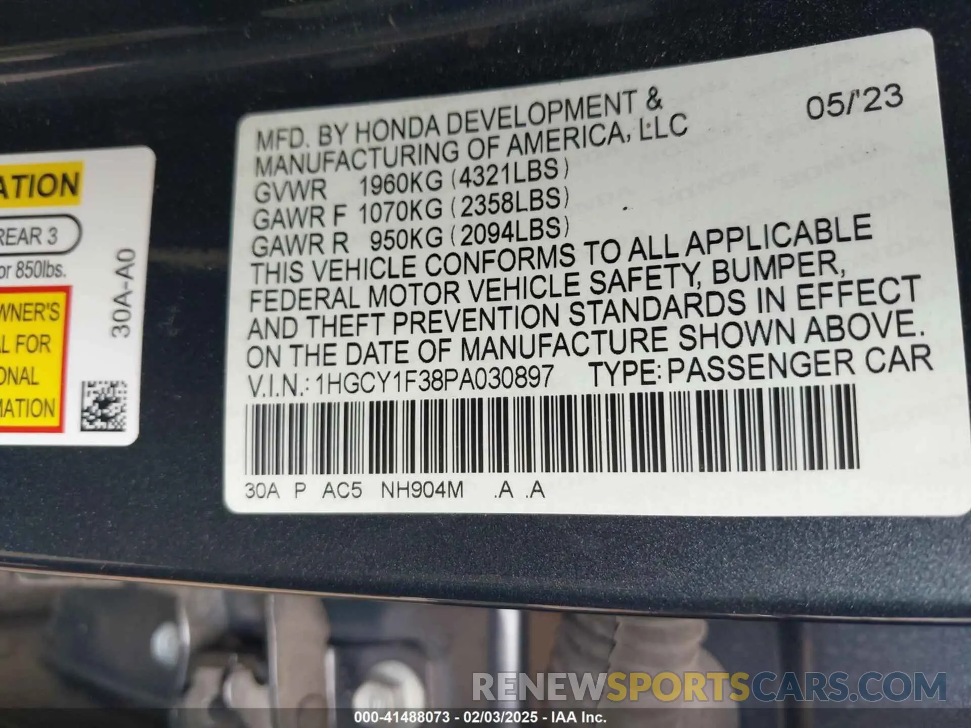 9 fotografías del automóvil dañado 1HGCY1F38PA030897 HONDA ACCORD 2023