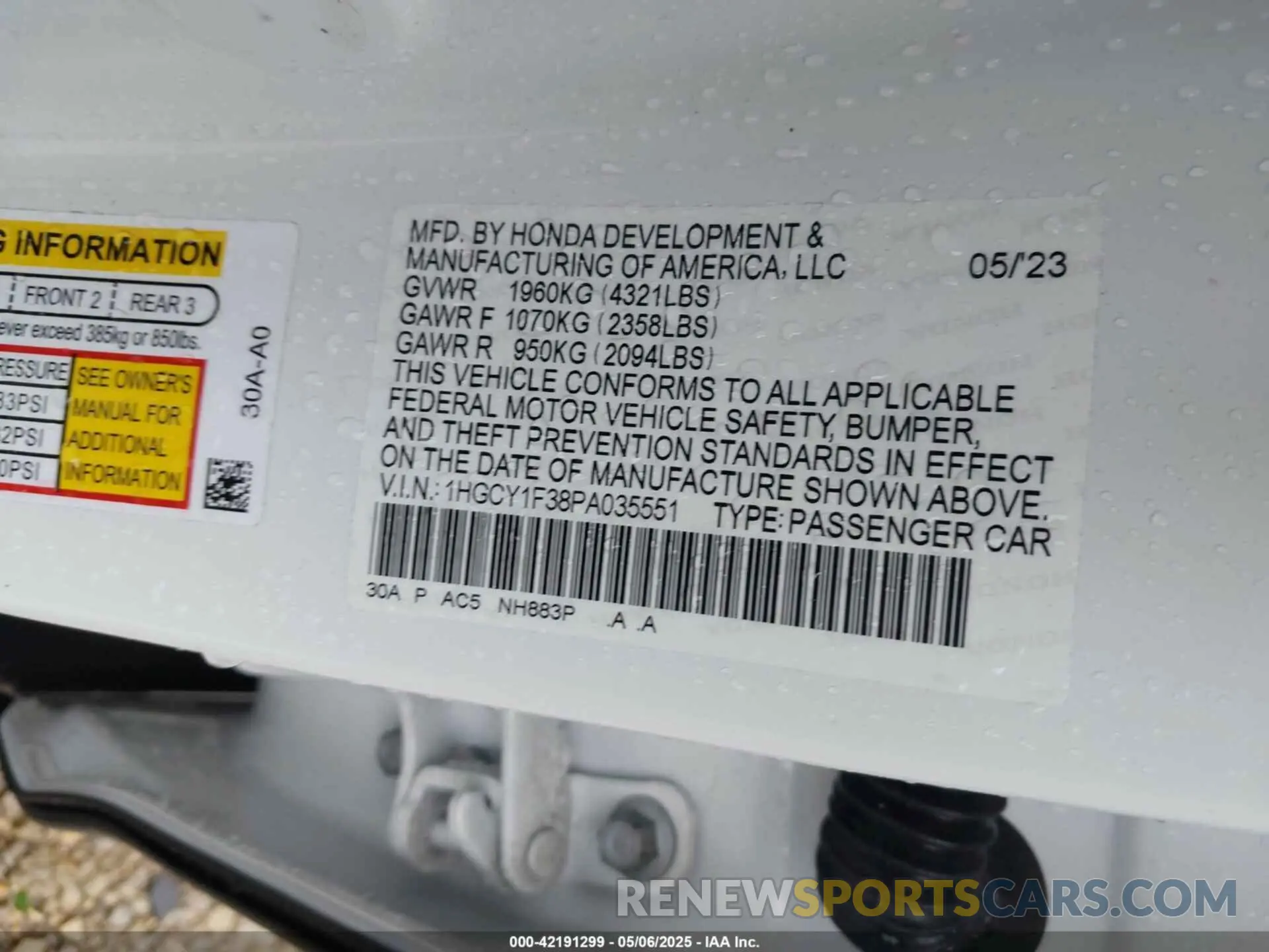 9 fotografías del automóvil dañado 1HGCY1F38PA035551 HONDA ACCORD 2023