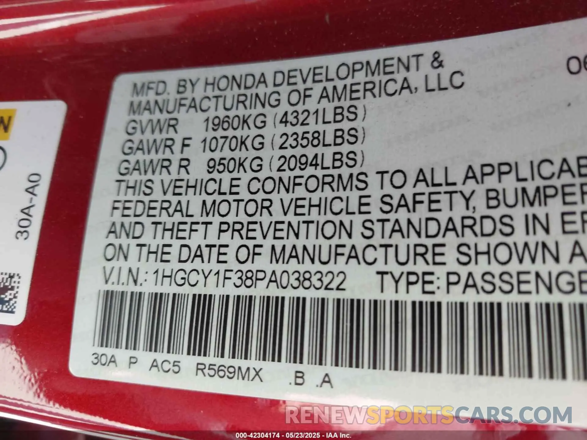 9 fotografías del automóvil dañado 1HGCY1F38PA038322 HONDA ACCORD 2023