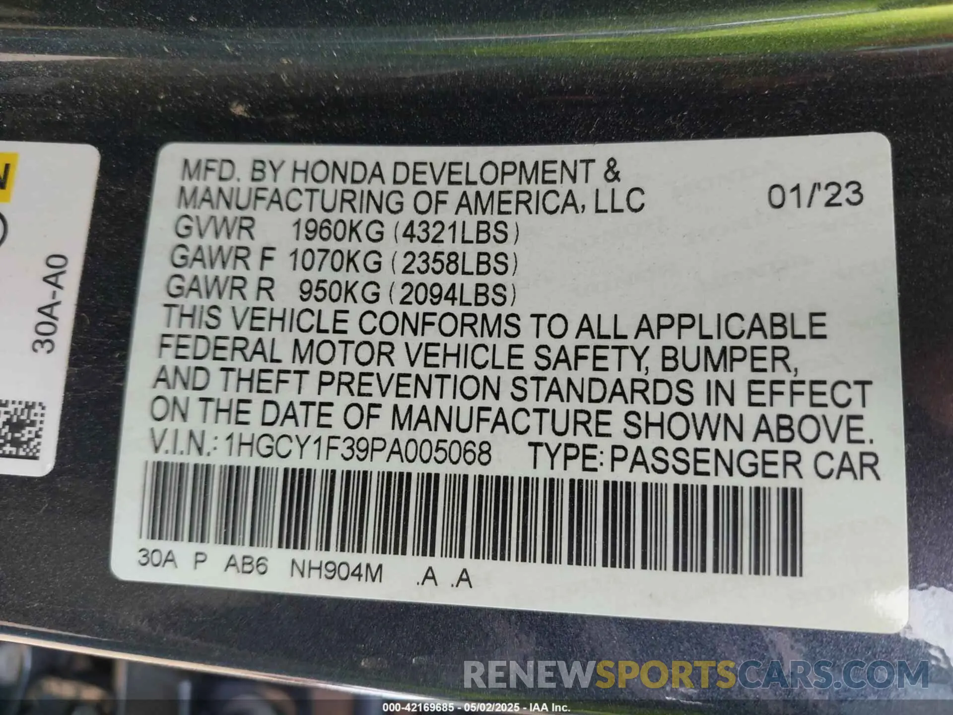 9 fotografías del automóvil dañado 1HGCY1F39PA005068 HONDA ACCORD 2023