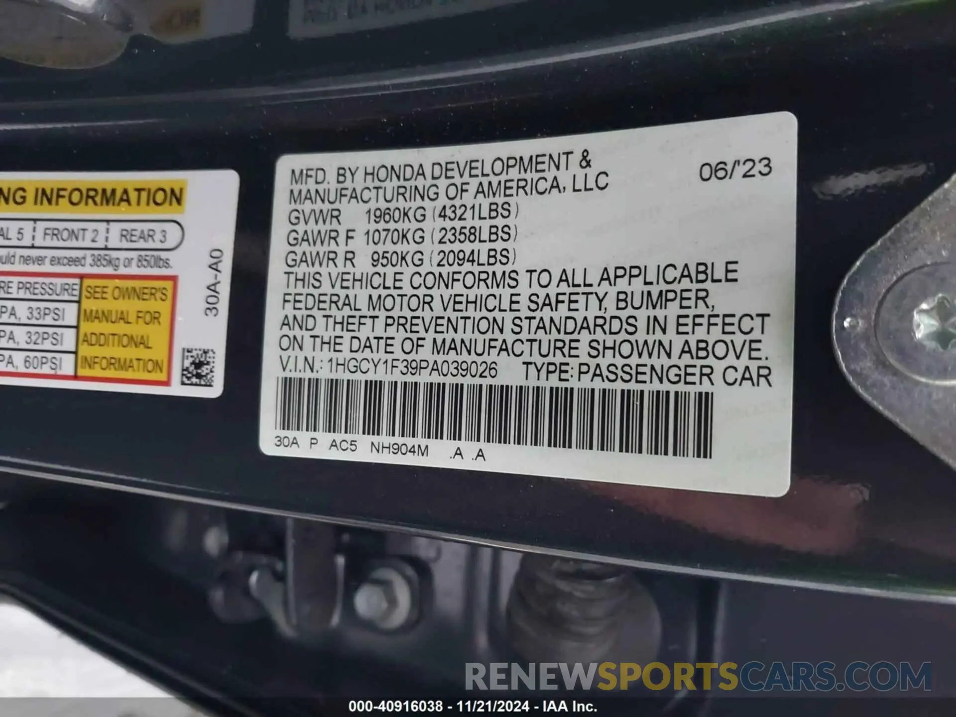 9 fotografías del automóvil dañado 1HGCY1F39PA039026 HONDA ACCORD 2023