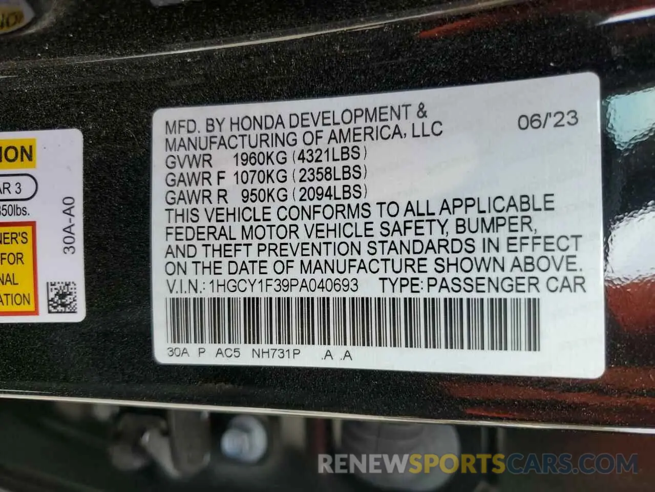 12 fotografías del automóvil dañado 1HGCY1F39PA040693 HONDA ACCORD 2023