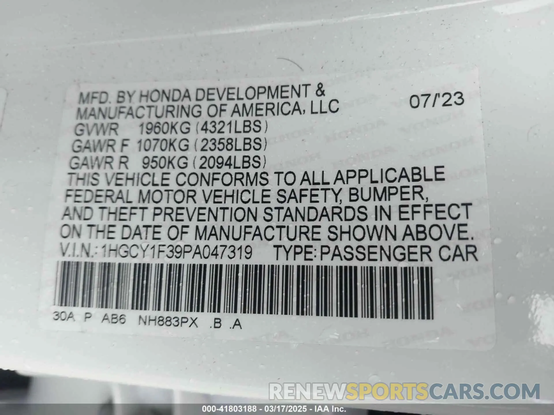 9 fotografías del automóvil dañado 1HGCY1F39PA047319 HONDA ACCORD 2023