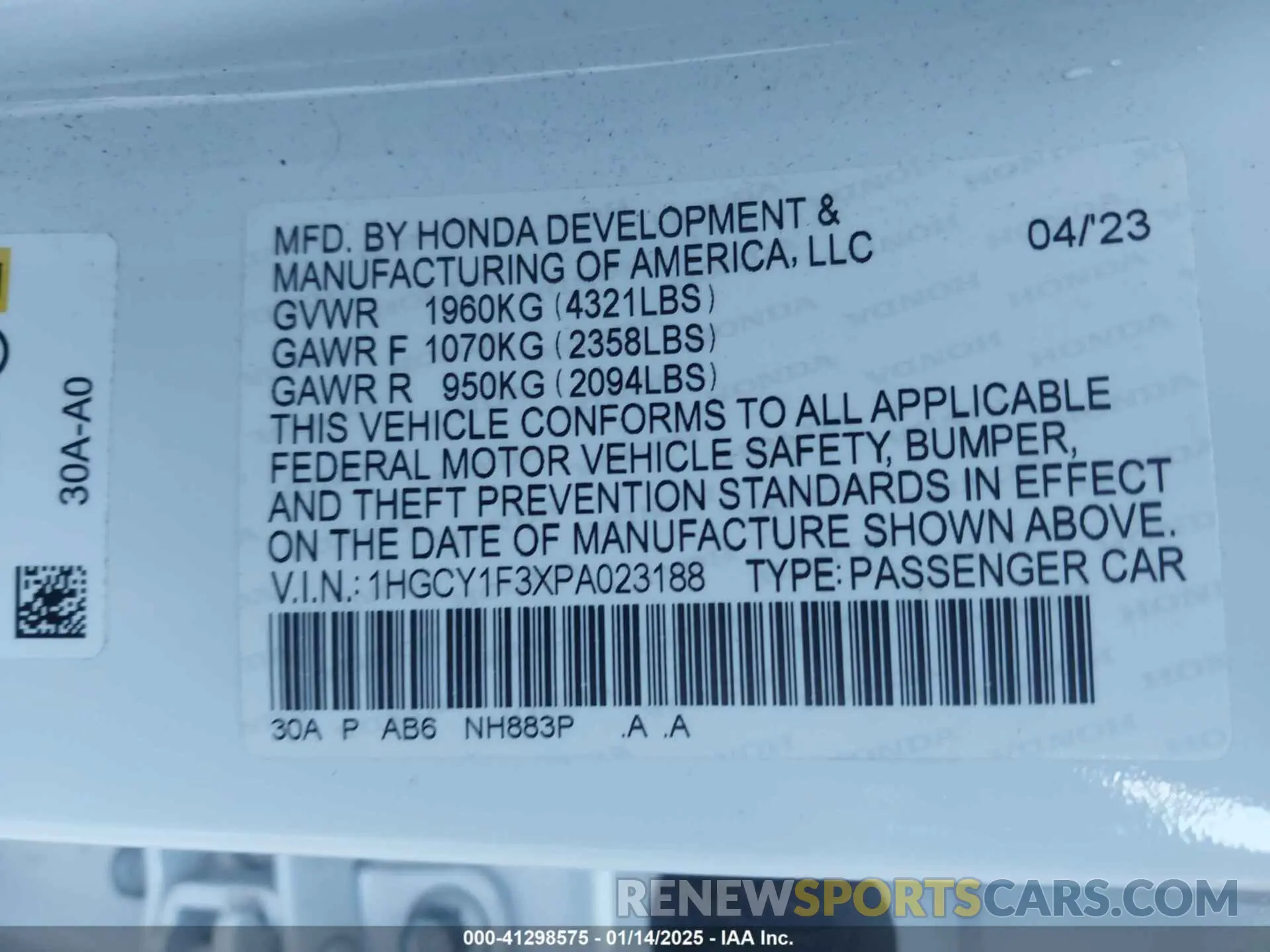 9 fotografías del automóvil dañado 1HGCY1F3XPA023188 HONDA ACCORD 2023