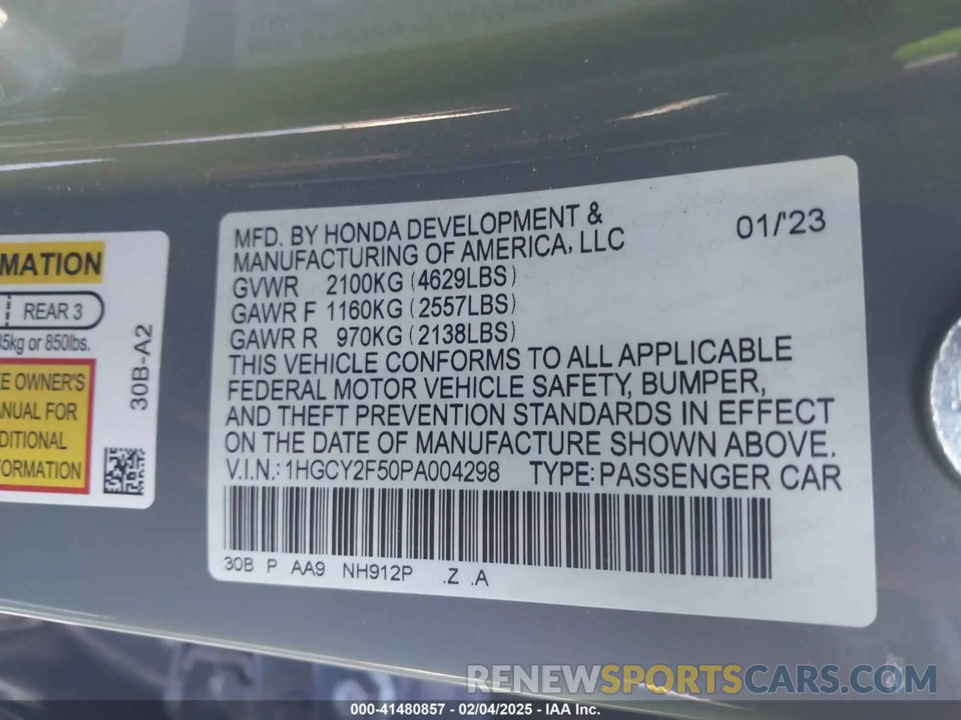 9 fotografías del automóvil dañado 1HGCY2F50PA004298 HONDA ACCORD 2023