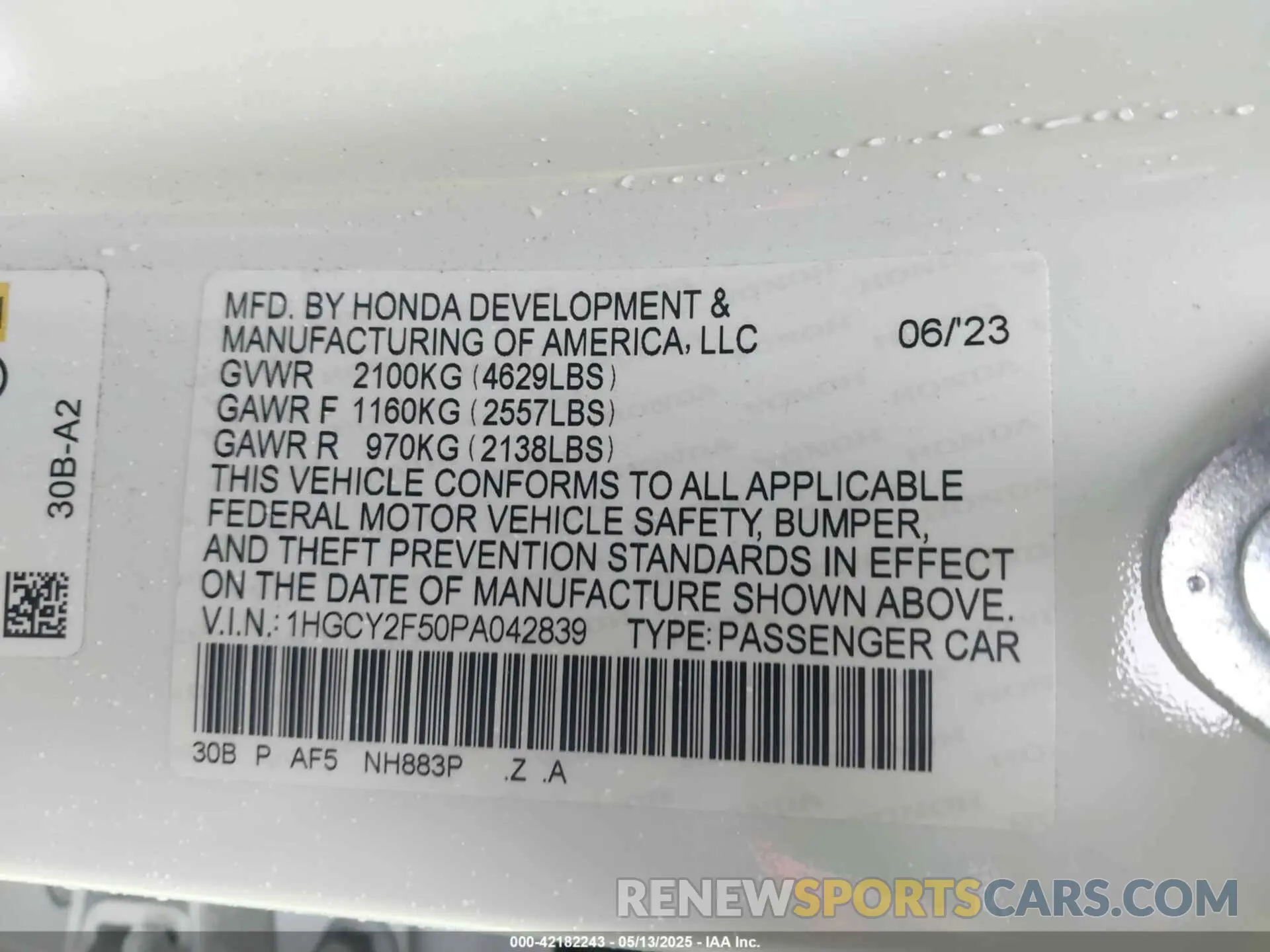 9 fotografías del automóvil dañado 1HGCY2F50PA042839 HONDA ACCORD 2023