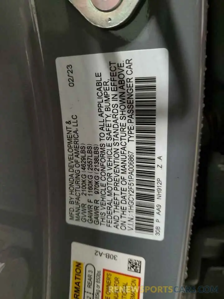 12 fotografías del automóvil dañado 1HGCY2F51PA006867 HONDA ACCORD 2023