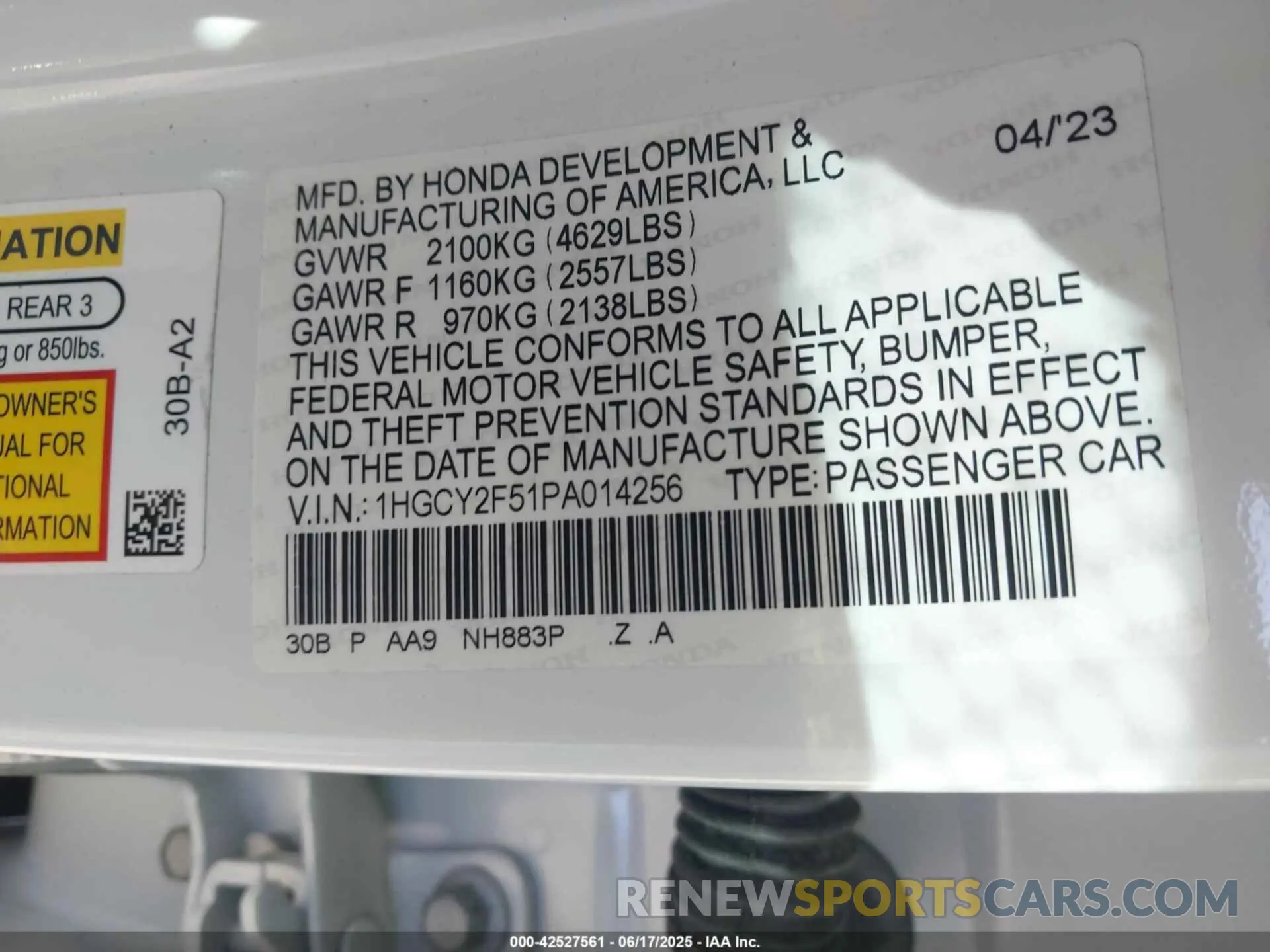 9 fotografías del automóvil dañado 1HGCY2F51PA014256 HONDA ACCORD 2023