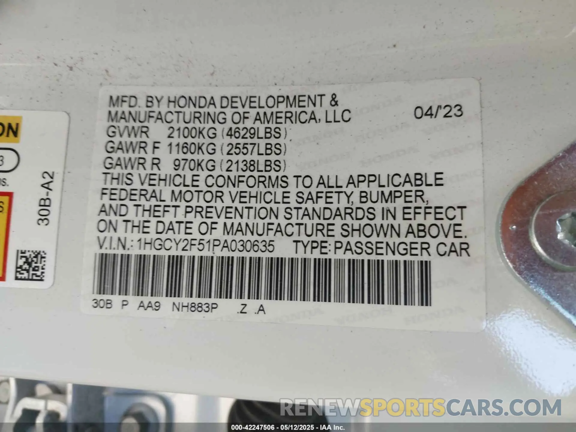 9 fotografías del automóvil dañado 1HGCY2F51PA030635 HONDA ACCORD 2023